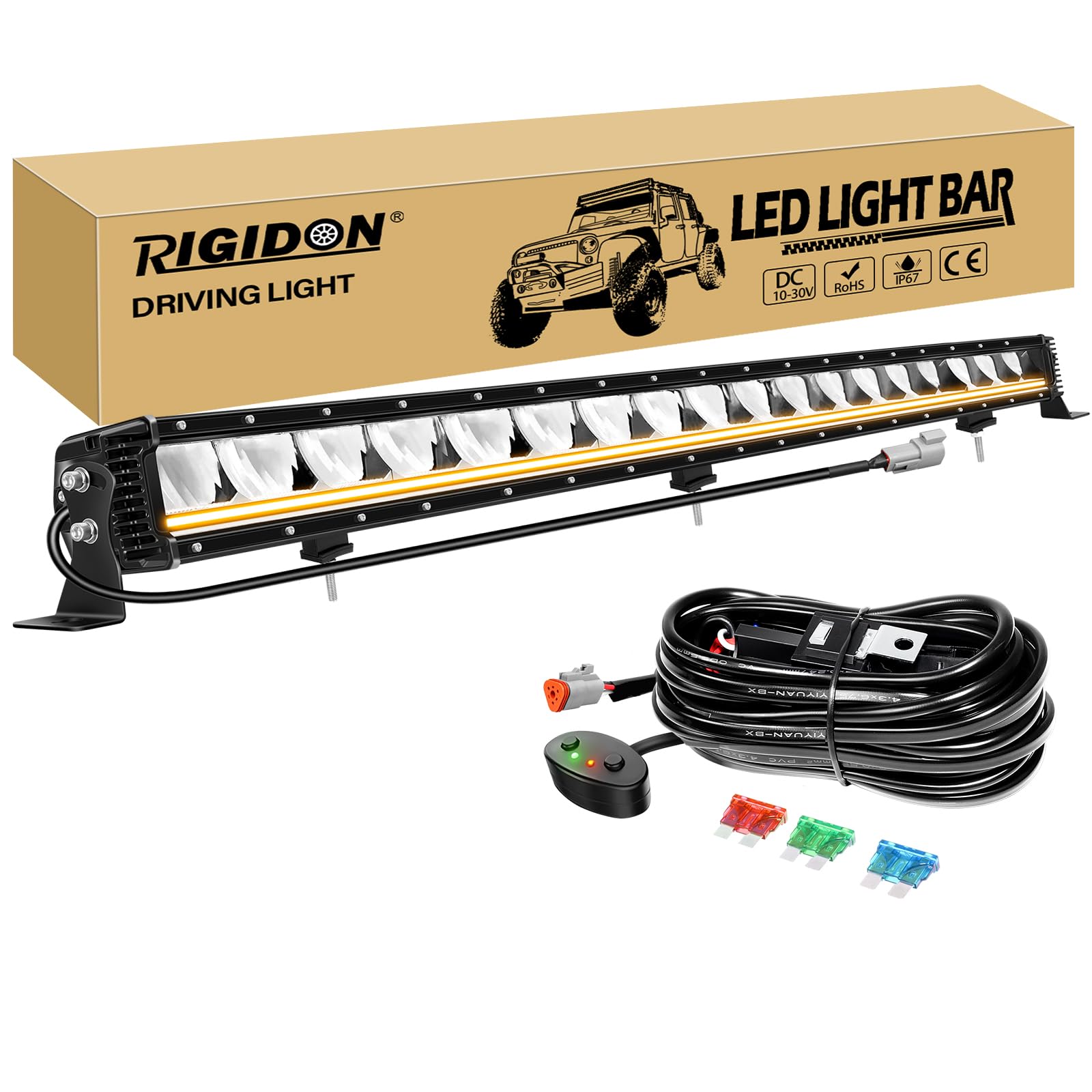 RIGIDON Jednorzędowa listwa świetlna LED do samochodu, 34 cali, 120 W, 12000 lm, z wiązką 12 V, bursztynowa, do jazdy dziennej, do samochodów terenowych, pojazdów typu UTE i quadów 4x4, biała, 6000 K