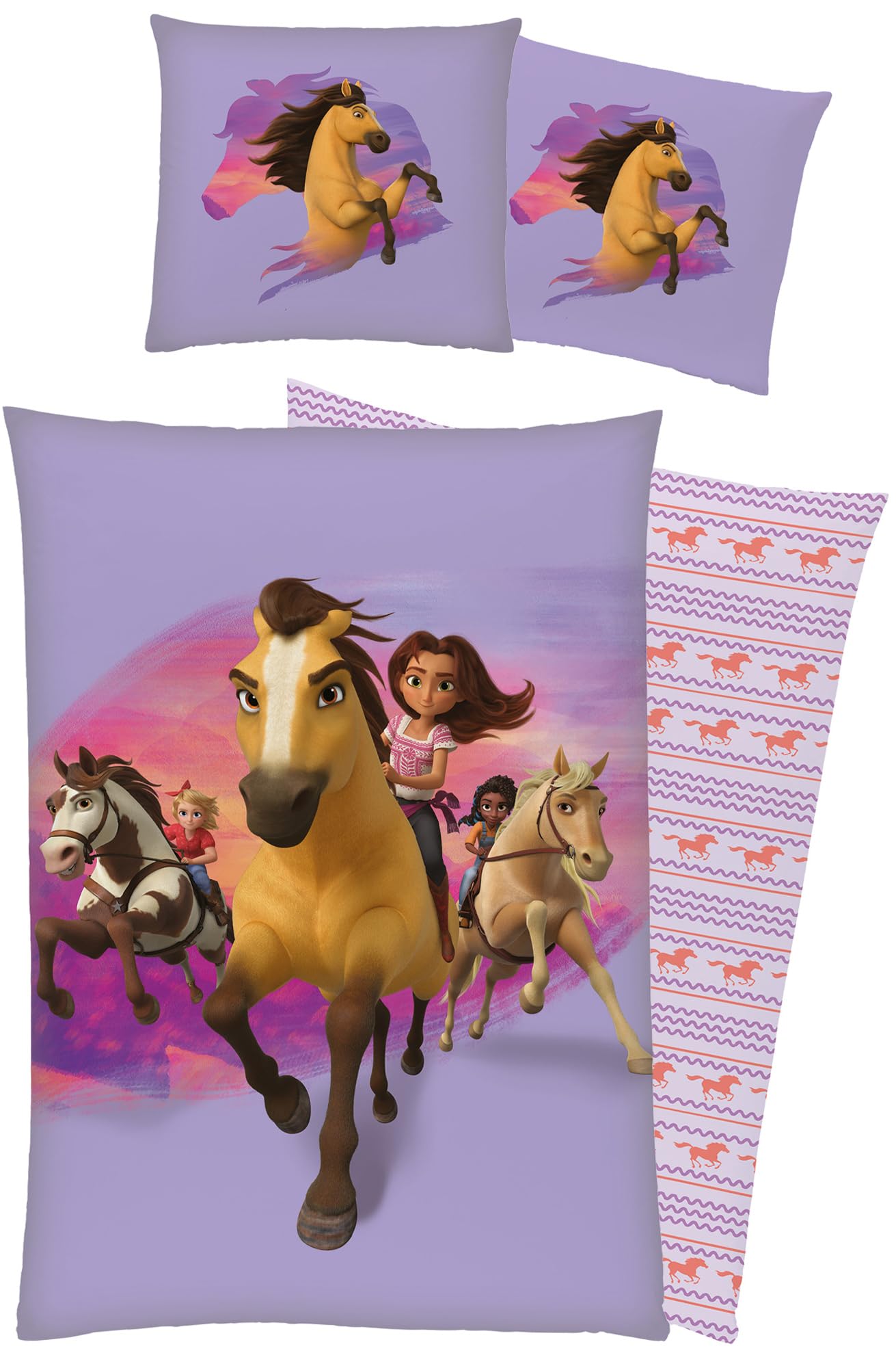 BERONAGE Spirit Untamed Kinder-Bettwäsche Stay Wild 135 x 200 + 80 x 80 cm 100% Baumwolle Biber-Flanell-Qualität Lucky Wildpferd Mädchen Girl Pferde-Bettwäsche mit Reißverschluss Deutsche Größe