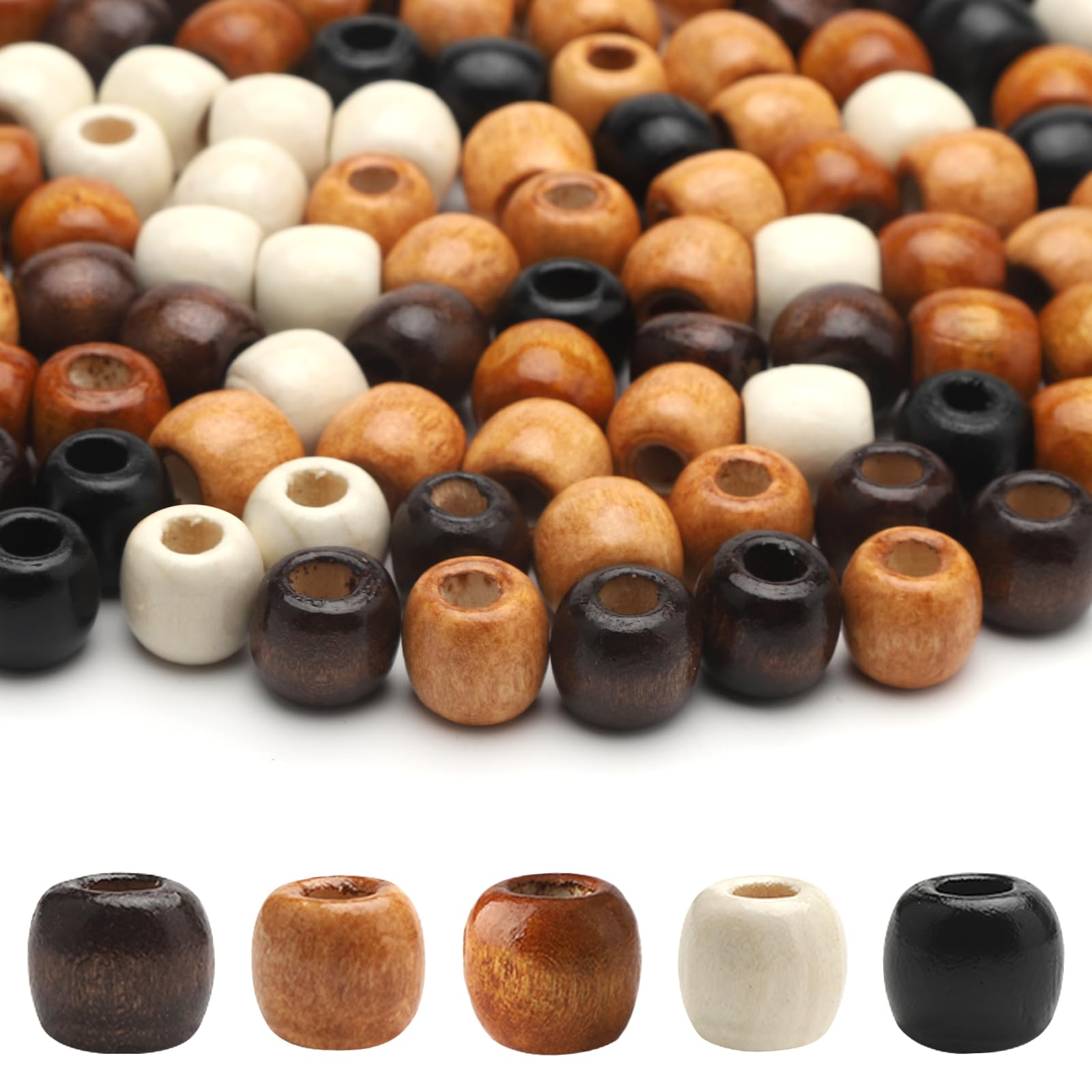 XRVRILE 200 Stück Holzperlen, Makramee Perlen mit 13M Elastischem Faden, 5 Farben Haarperlen Perlen Groß, Holzperlen Natur Makramee für DIY Dreadlocks Schmuckherstellung