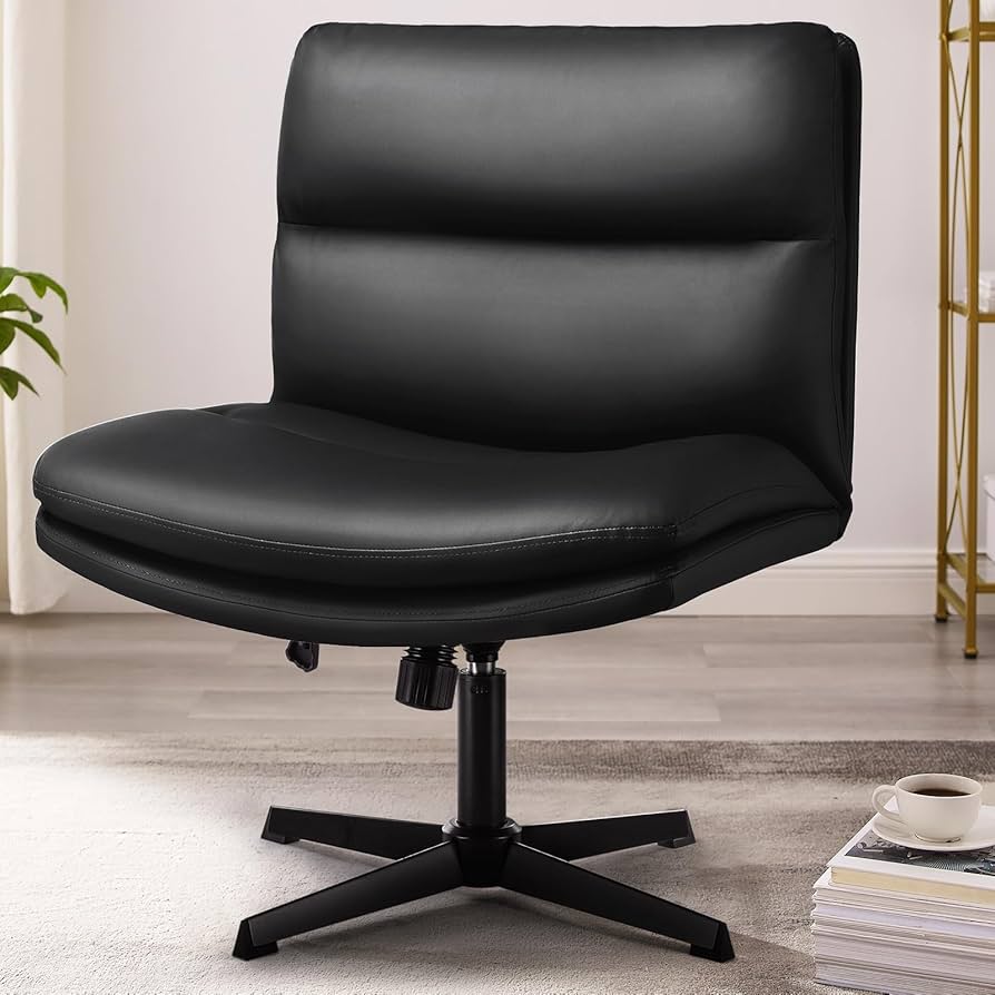 PUKAMI Criss Cross Legged Office Chair,Armless Office Desk Chair No Wheels,PU Leather Modern Swivel Vanity Chair,Height Adjustable Wide Seat Mid Back Computer Task Chair for Home Office