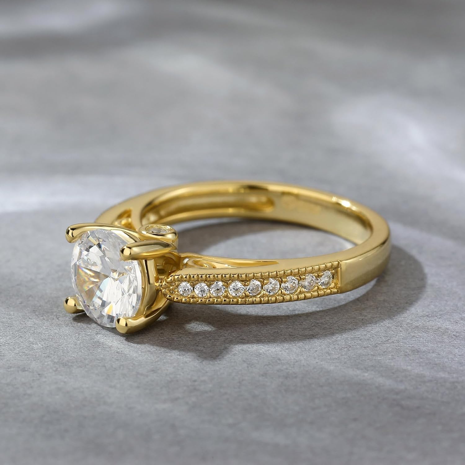 Jeulia Classic Solitaire Engagement Rings for Women; 925 Sterling Silver CZ Round Cut Wedding Bands Gold Plated Promise Anniversary Rings for Her with Jewelry Gift Box