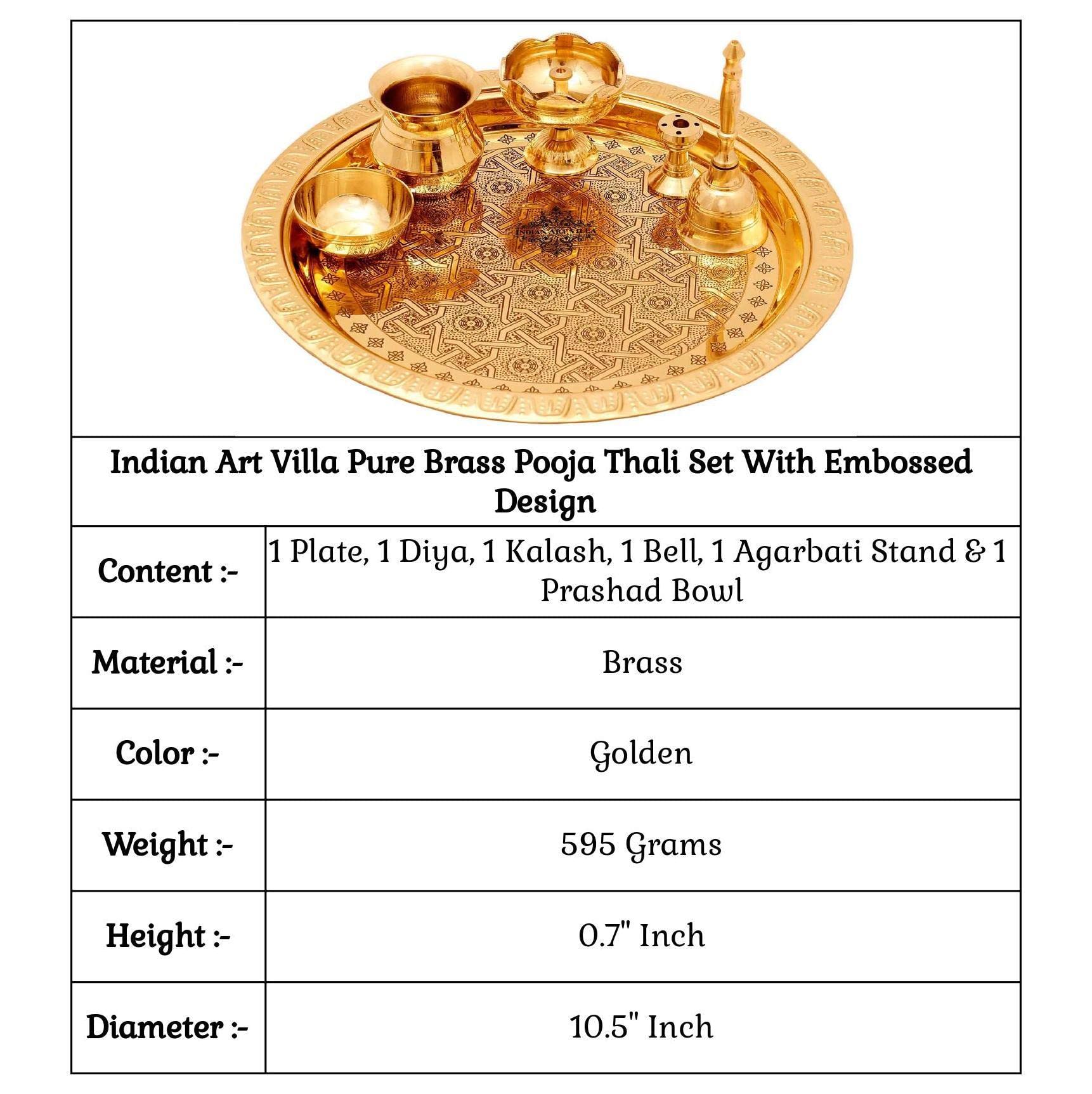 INDIAN ART VILLA Pure Brass Pooja Thali Set with Embossed Design, Religious Spiritual Item, Home Temple, Diameter-10.5 Inches 4