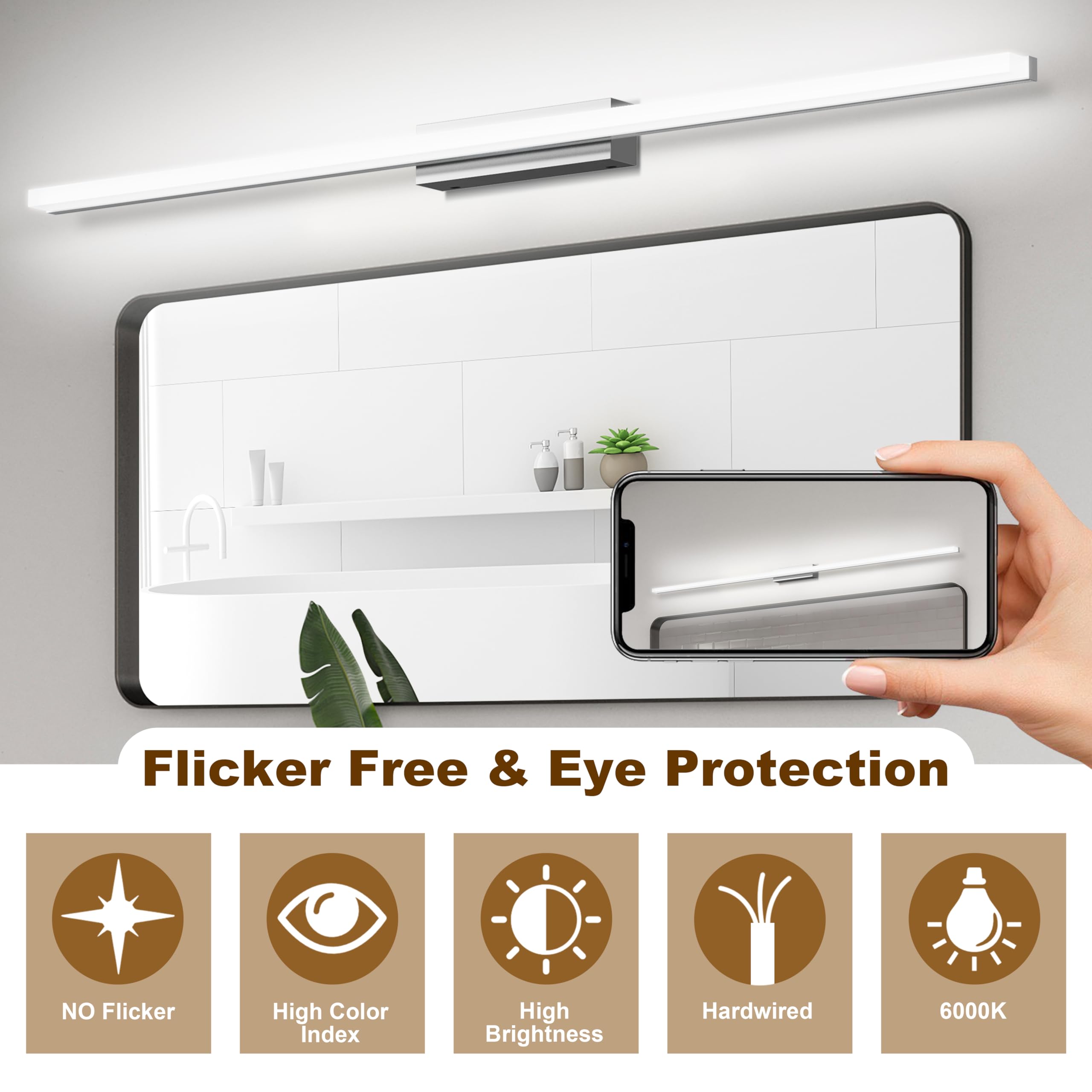 Led Aplique Espejo Baño, 100CM Luz Espejo Baño IP44 Blanco Frio 6000K Pared Luz, 20W Lampara Apliques de Para de Impermeable Plata