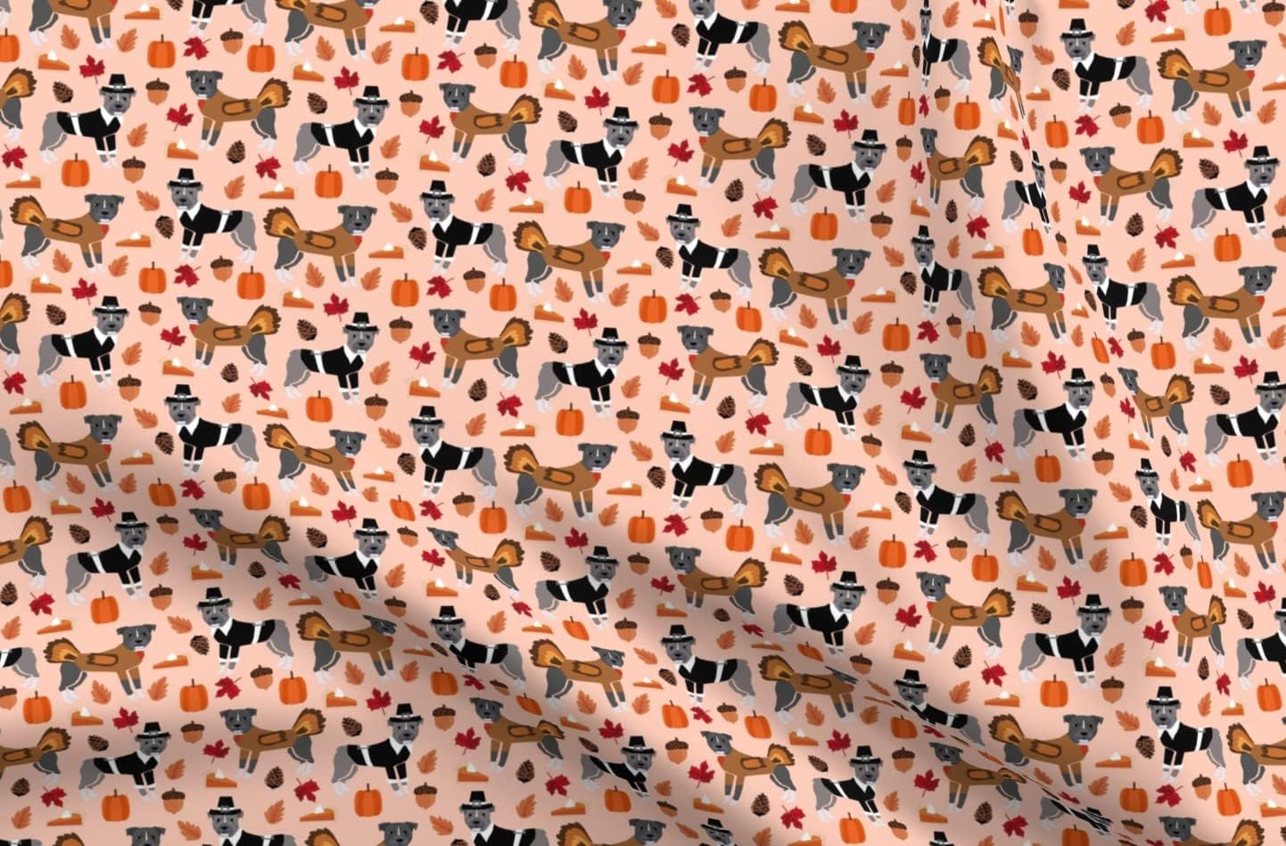 Spoonflower Fabric - Pitbull Thanksgiving Fall Autumn Turkey Light Green Dogs Bull Terrier Printed on Organic Cotton Sateen Fabric by The Yard - Sewing Quilting Apparel Home Decor
