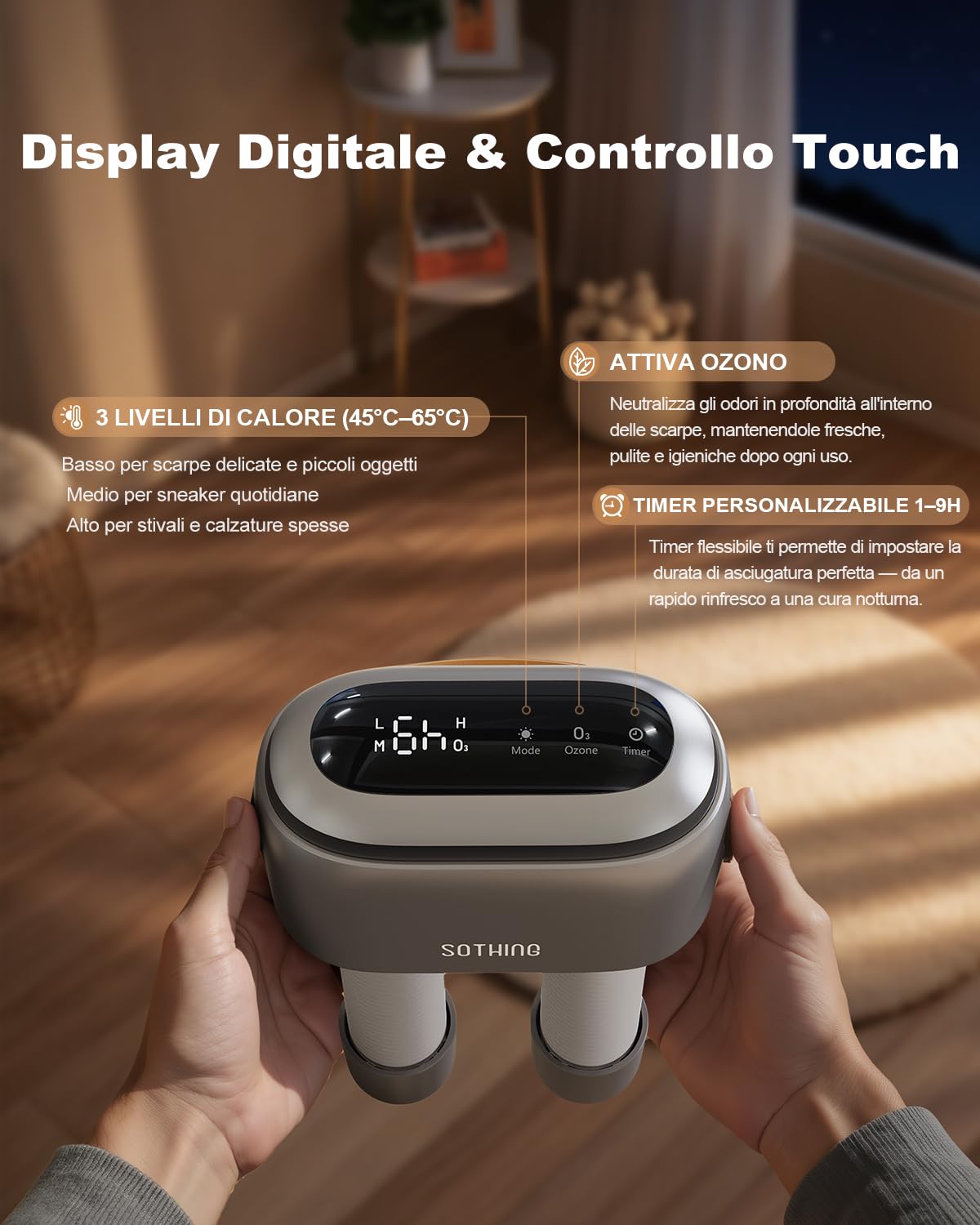 SOTHING Asciuga Scarpe Elettrico con Ozone e Display Digitale – Asciugascarpe a Doppio Flusso d’Aria, 3 Livelli di Calore, Timer 1–9 Ore, Tubi Telescopici 30 cm, Scalda Scarpe da Calcio e Sci