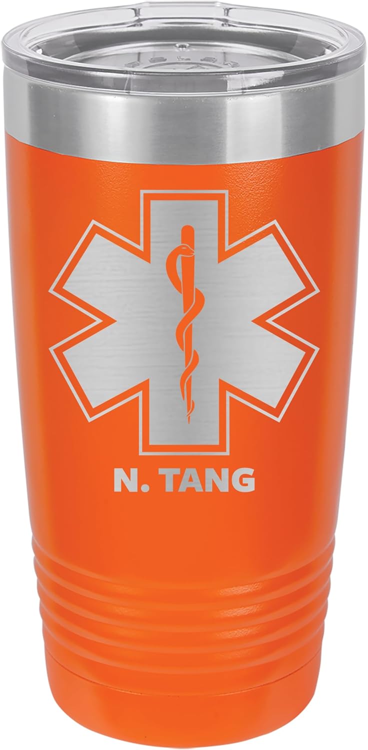 Personalized EMT Tumbler, EMS, Medic, First Responder Appreciation Gift - Laser Engraved 20 oz. Polar Camel Suregrip Stainless Steel Tumbler, Drinkware, 13 Available Colors (Orange)