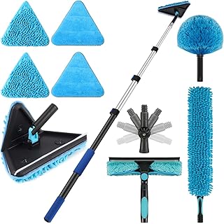 20 Foot Painted Wall Cleaner Mop with 12 Ft Heavy Duty Extension Pole, 3-in-1 High Ceiling Cleaning Tool with 4 Microfiber Chenille Pad, Cobweb Duster, Fan, Baseboard, Window Squeegee Kit (12ft)