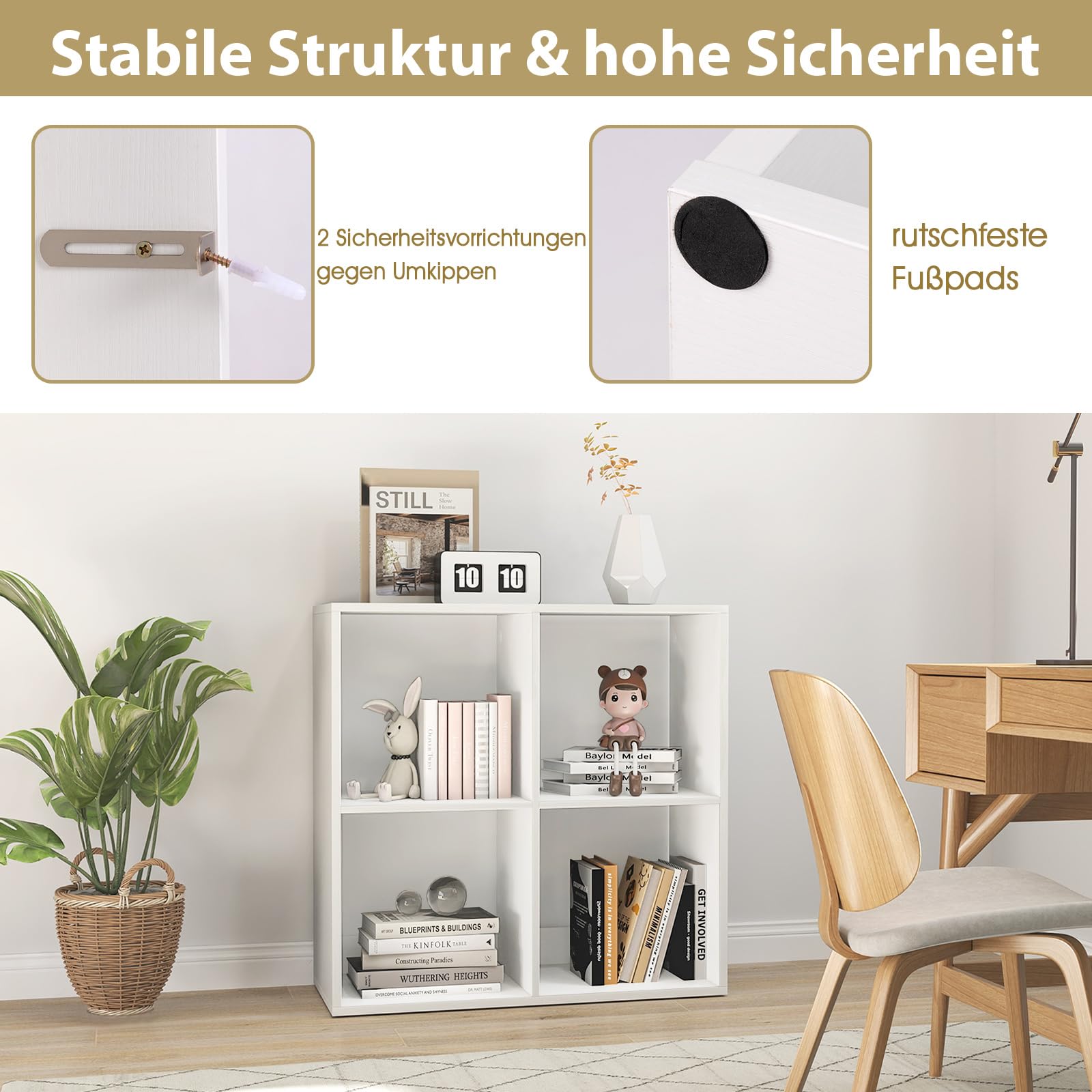 COSTWAY Bücherregal mit 4 Fächern, Würfelregal, Standregal, offenes Regal, Aufbewahrungsregal für Wohnzimmer, Arbeitszimmer, Büro, modern, Weiß