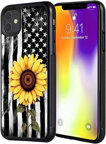 Funda para iPhone 11, diseño de girasol en bandera estadounidense, antiarañazos, a prueba de golpes, funda de TPU negro y protección de PC para