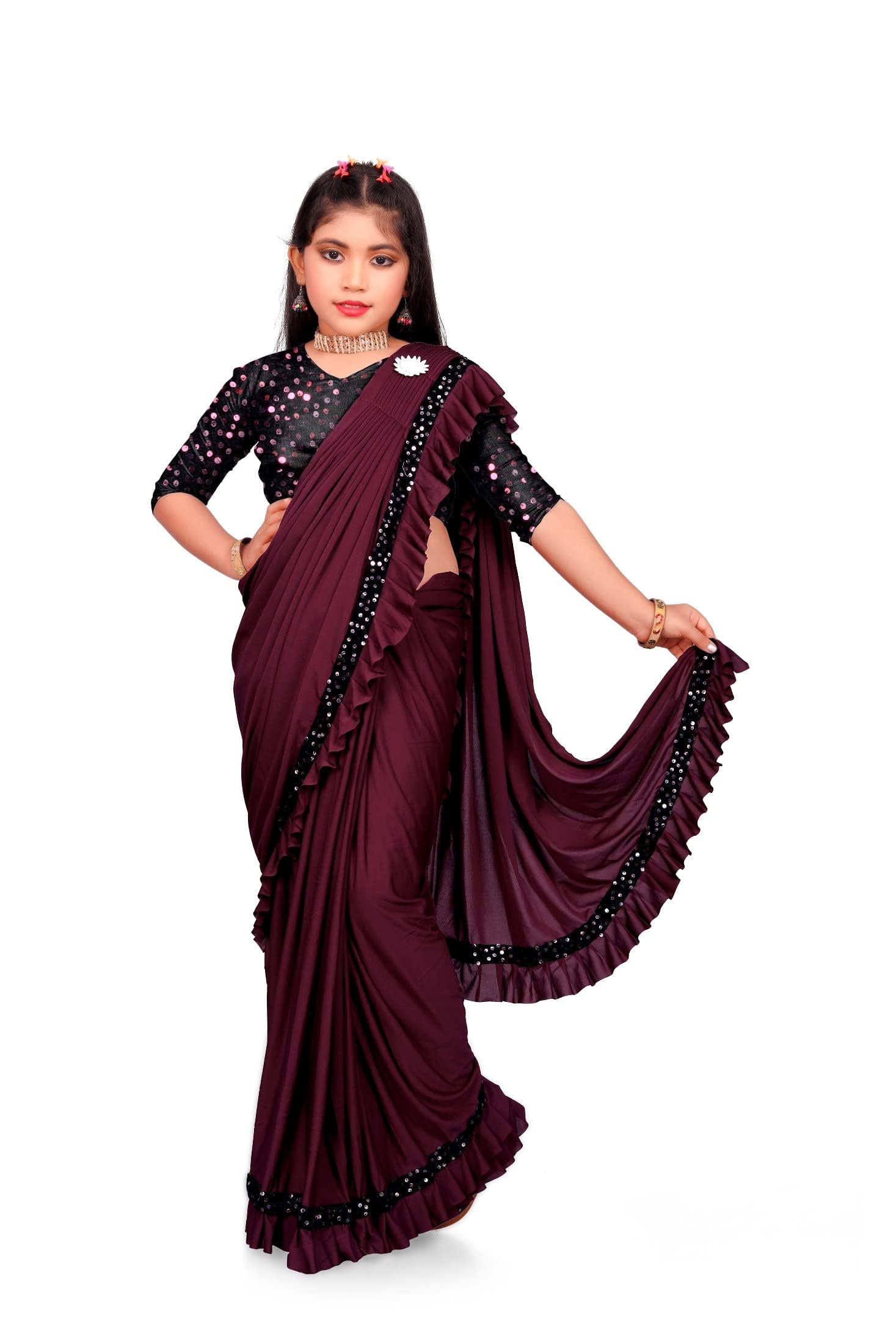 NILKANTHVARNI CREATION Kids Girls Lycra Blend Ready To Wear Saree With Sequence Blouse Piece (Dark WIne 9-10 yrs to 11-12 Yrs)-image-30