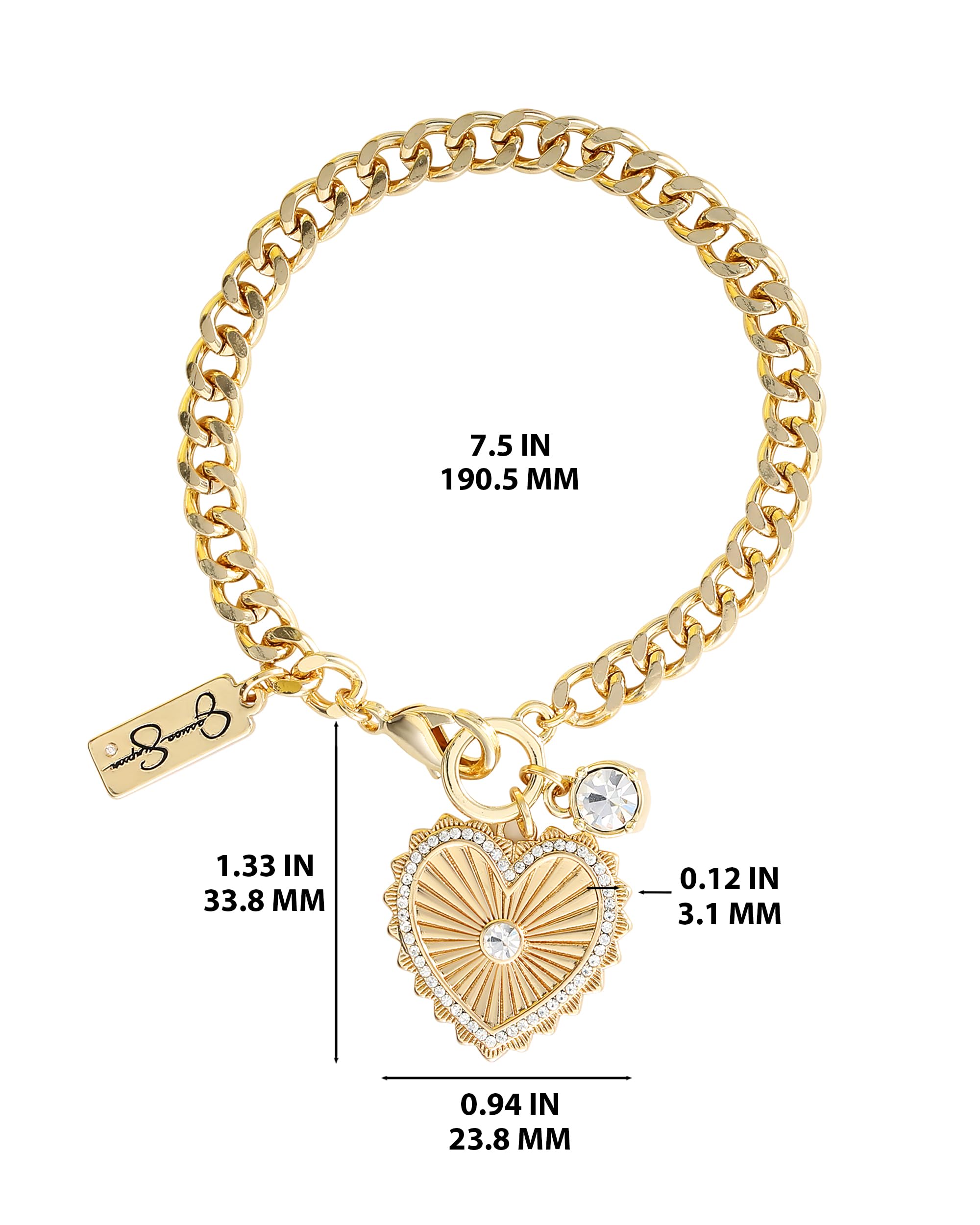 Jessica Simpson Womens Heart Charm Bracelet - 7.5" Gold-Tone Charm Bracelet with Rhinestone Embellishments