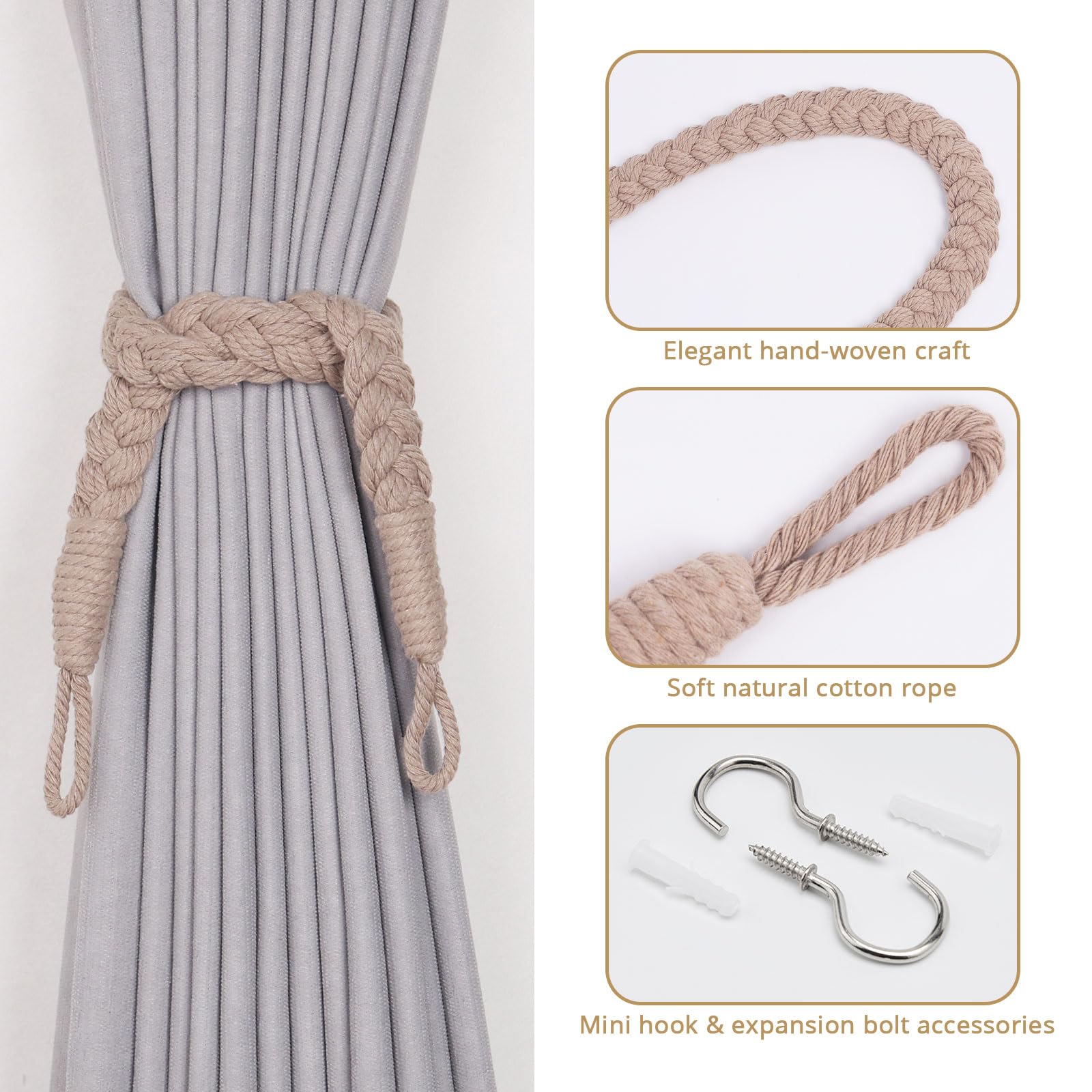 Pretty Jolly 4 Pack Natural Cotton Rope Curtain Tiebacks Elegant Boho Style Decorative Drape Tie Backs Soft Hand-Woven Rope Curtain Holdbacks with Metal Hook for Home & Office Drapery (Grey Coffee) - Image 2