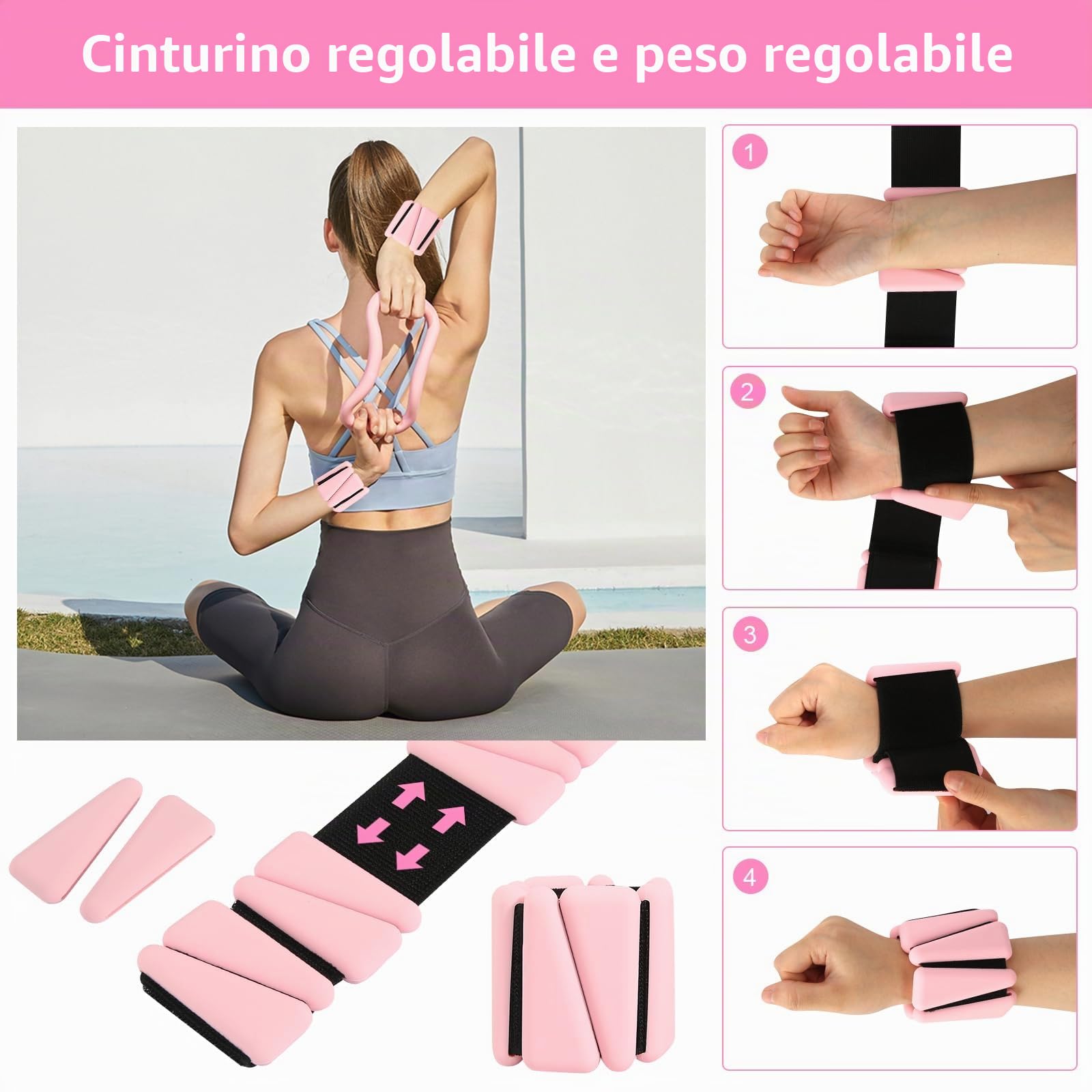Set di 2 pesi per polsi e caviglie, per gambe e braccia (1 lb/1 pezzo), per pilates, yoga, cardio rosa