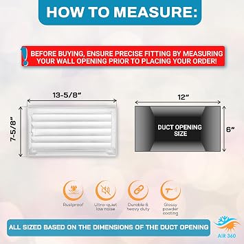 Aluminum 12 x 6 In (Duct Opening) Heater Vent Deflector Wall AC Grille Premium Register Vent Cover Durable Rustproof Wall Grille Overall Size 13-5/8 x 7-5/8 Inch Adjustable Front Blades, White