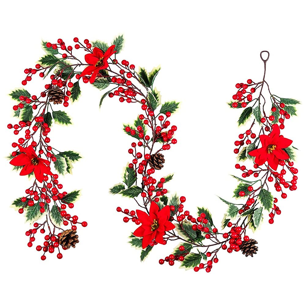 CTRLZS 6.3FT Red Berry Christmas Garland, Artificial Poinsettia Garland,Christmas Berry Garland with Pine Cones