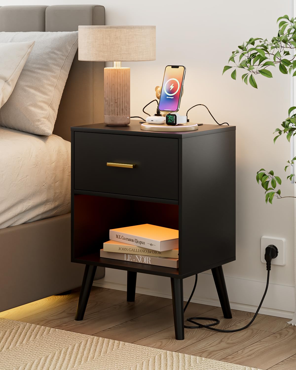 table de chevet avec prise - Noir - Charge et USB - LED avec tiroir - Appoint pour chambre à coucher, salon