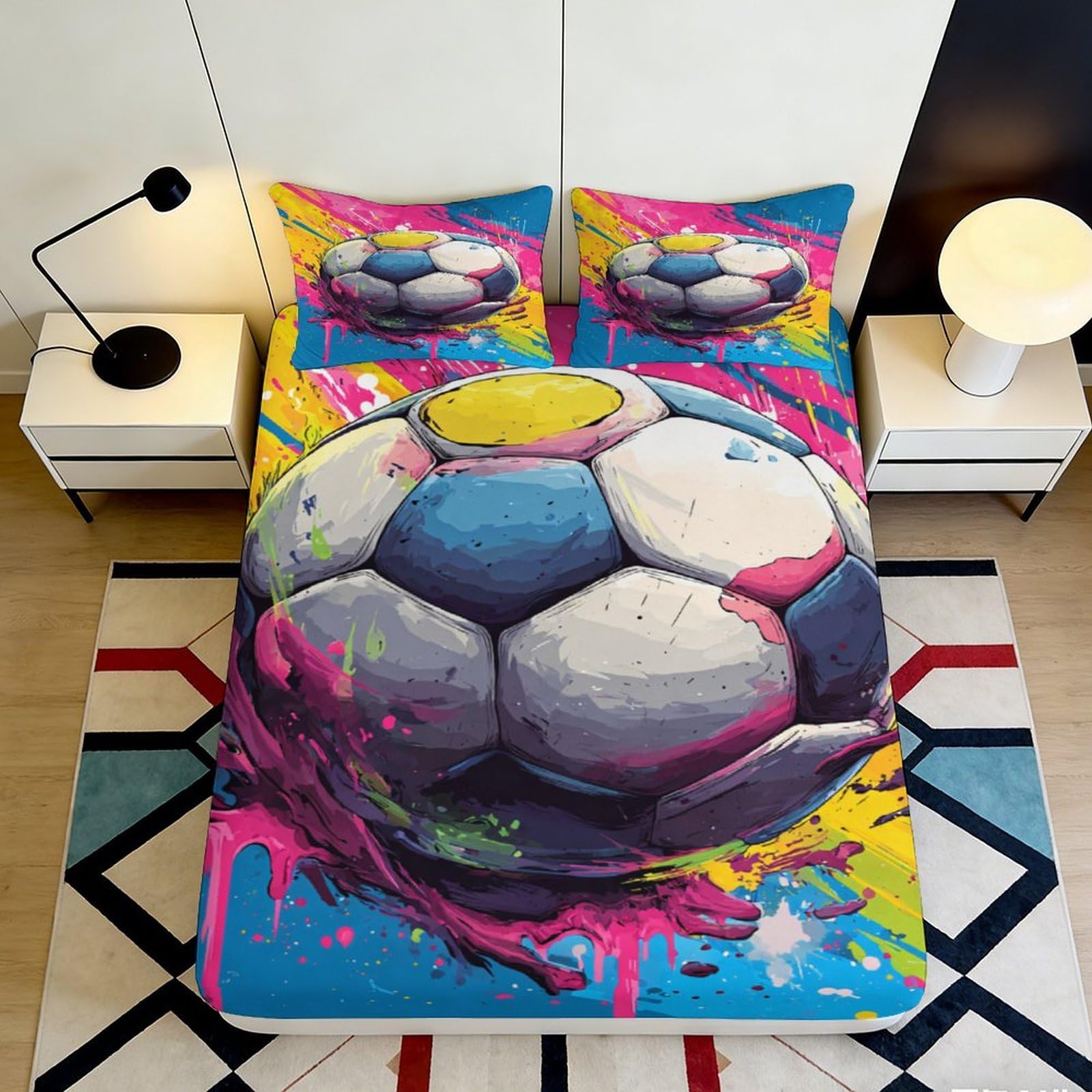 3D Printed Graffiti Soccer Fitted Sheet Microfiber Soft Vibrant Football Mattress Cover for Bedroom Decor 90x200x25cm