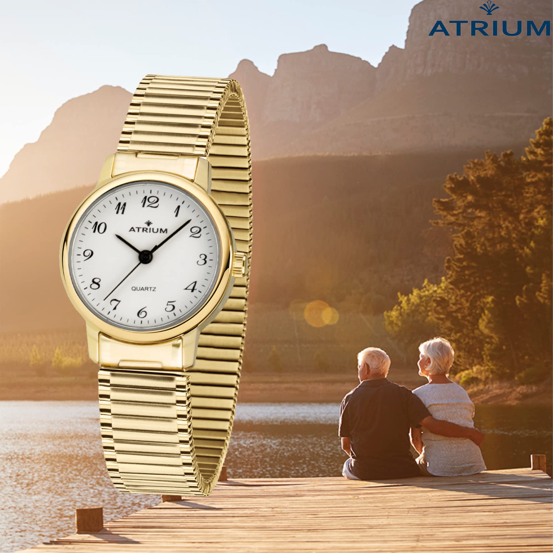Atrium Damen-Armbanduhr Edelstahl Analog Quarz mit Edelstahl Zugband Flexband Goldfarben A43-60