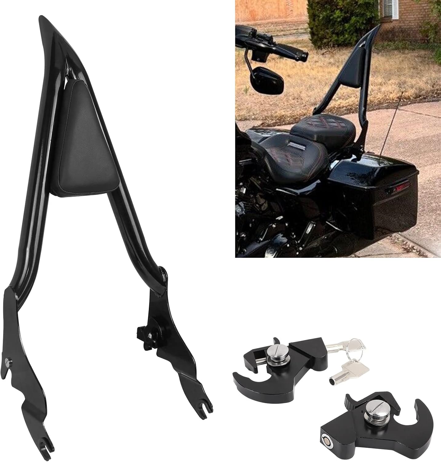 28" Motorcycle Rear Passenger Backrest Sissy Bar With Pad Locked Rotary Docking Latches Clips With Keys Compatible With For Touring Road King Road Glide Street Glide Electra Glide 2009-2024