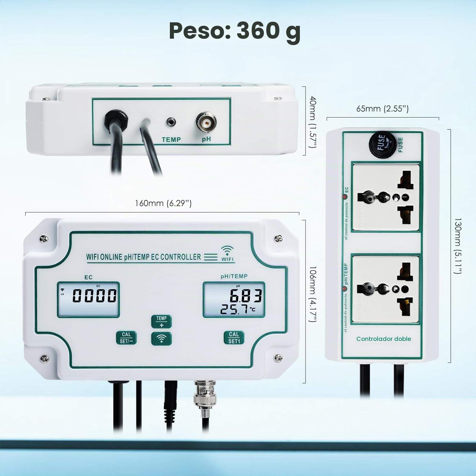 WiFi Smart Water Quality Tester pH, EC, Temperature Monitor Monitorización Continua Online Tester con Pantalla LCD, Alertas App, Datos en Tiempo Real, Sondas Reemplazables para Hidroponía, Acuarios