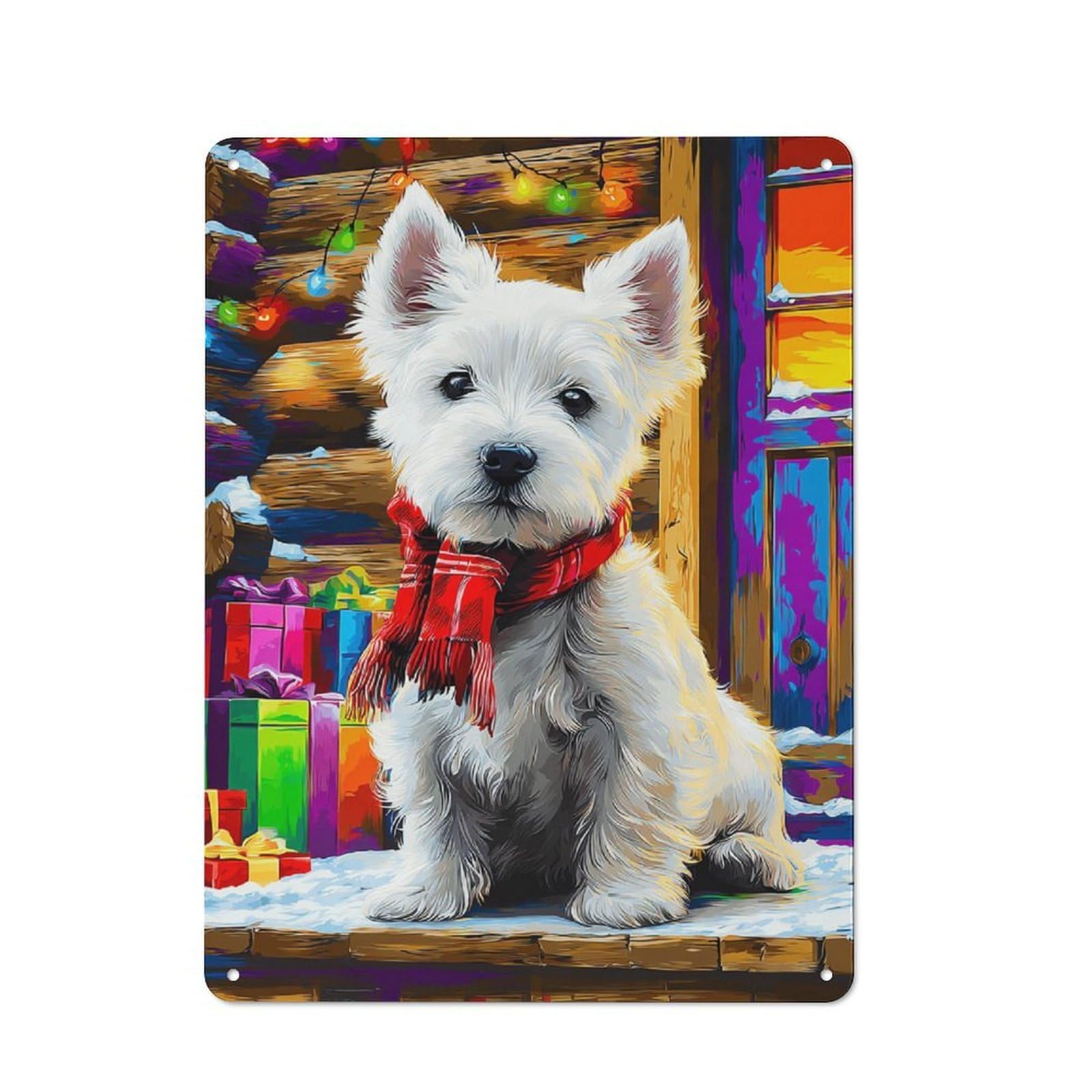 Junmoney Christmas Westie With Presents Tin Wall Plaque 40X30cm With For Hobby Room Or Studio, New Home Wall Decor For Creative Interior Collectors