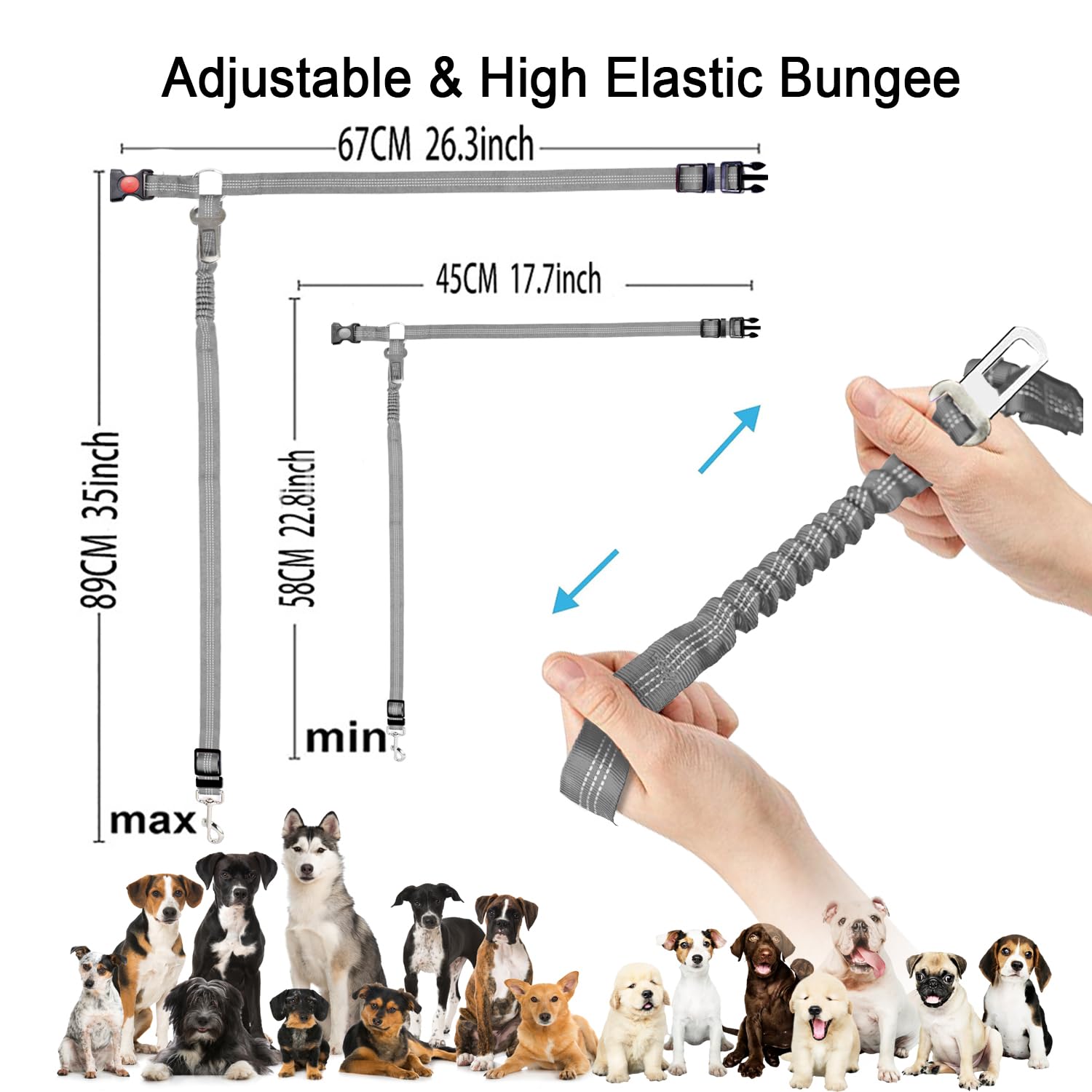 MOLHEM 2 Pack Pet Dogs Seat Belt for Car Adjustable Safety Elastic Lead Harness for Cars Anti Shock Elasticated Cushioned Leash (Grey) - Image 2