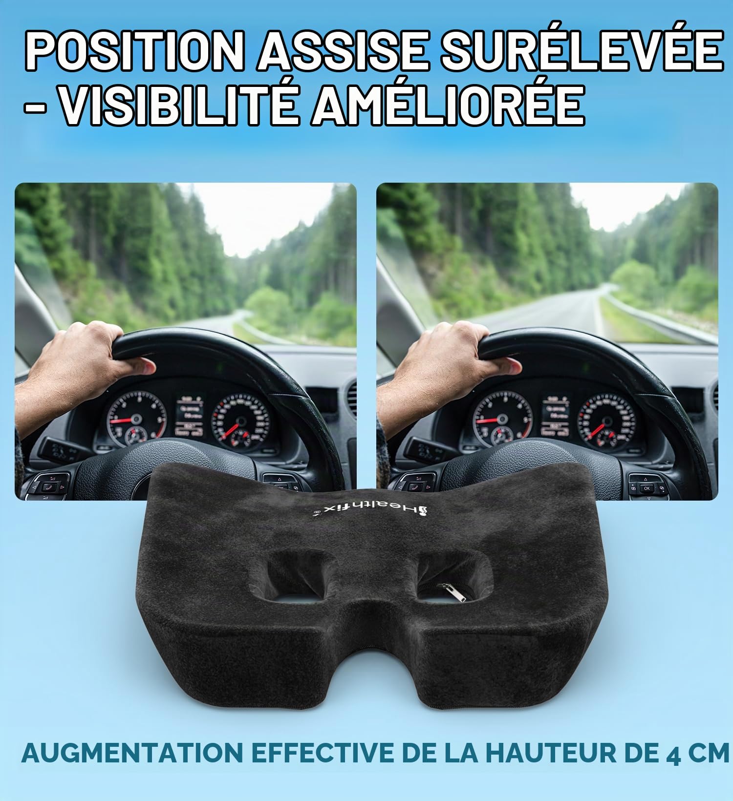 Healthfix® Coussin de siège Voiture – Coussin d’Assise Ergonomique en Mousse à mémoire de Forme | Soulage Coccyx & sciatique, améliore la Posture | Housse Lavable, Dessous antidérapant