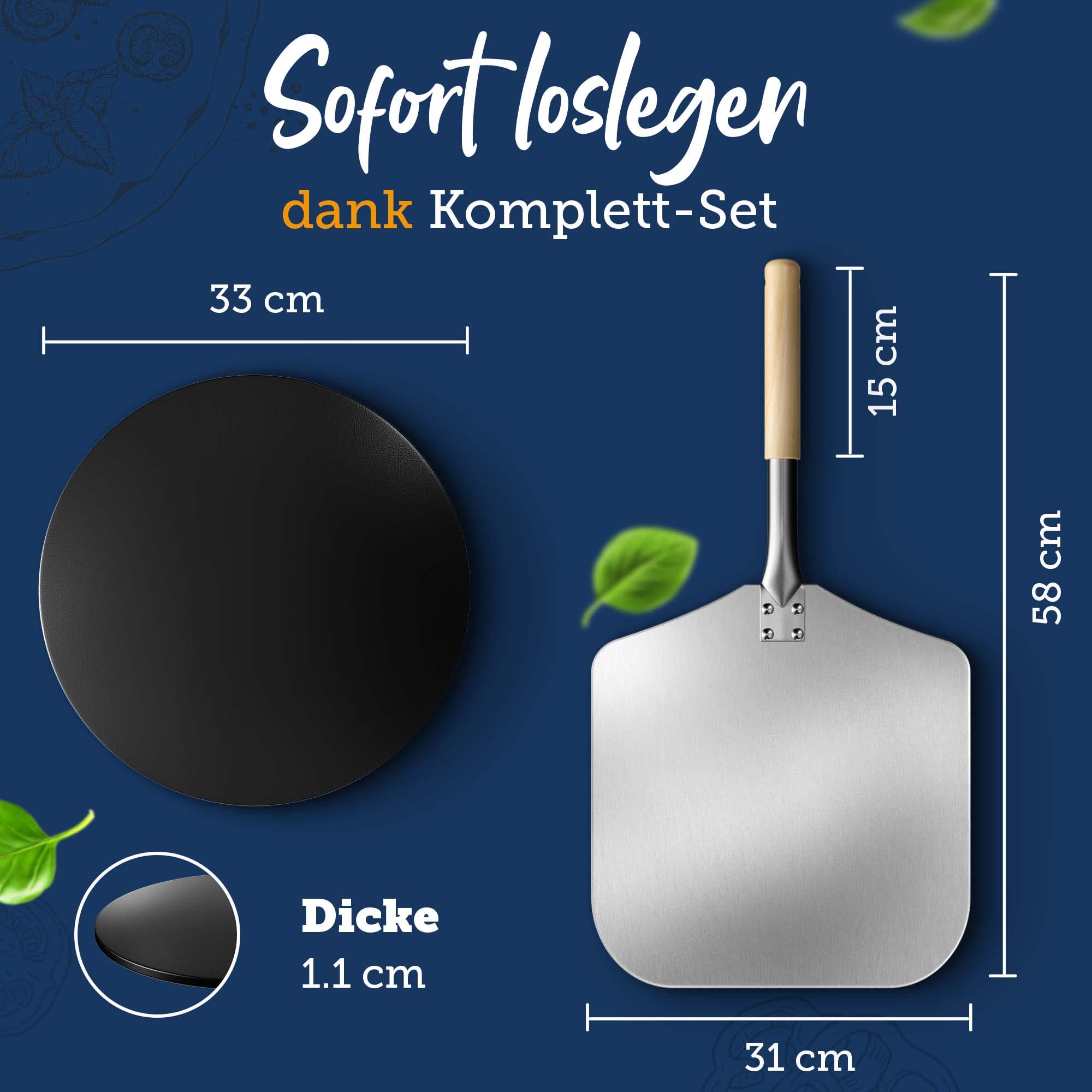 Pizzastein für Gasgrill, Grill & Backofen rund 33cm | 3er Set mit Pizzaschieber & Videokurs für italienischen Pizzagenuss | Schwarz aus glasiertem Cordierit