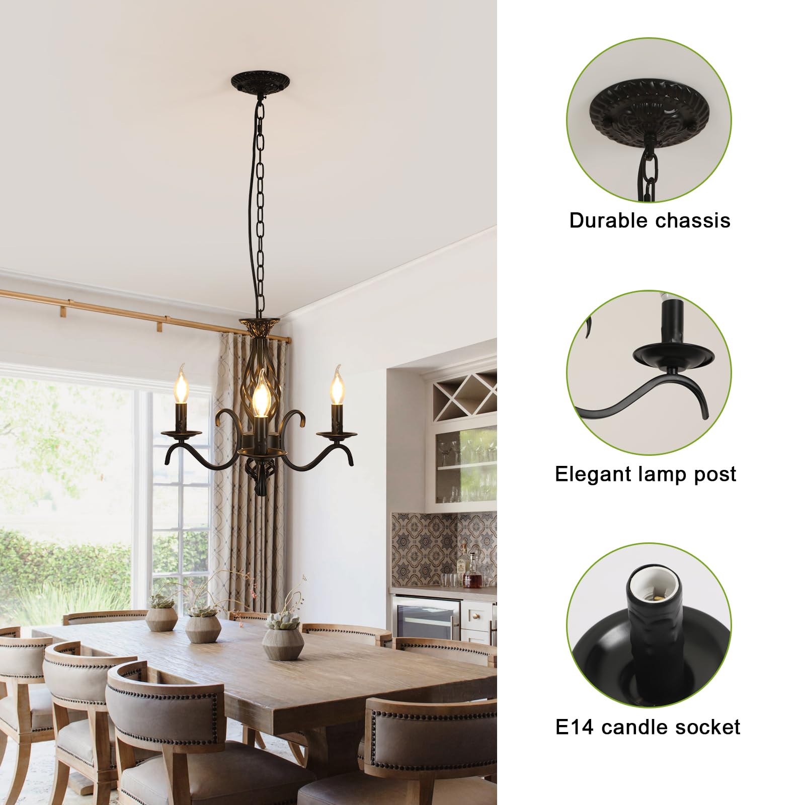 Comely Kronleuchter im Rustikalen Stil, Vintage Pendelleuchte aus Metall Höhenverstellbar, 3-Flammig Deckenlampe Schwarz für Esszimmer Wohnzimmer Schlafzimmer, E14-Fassung