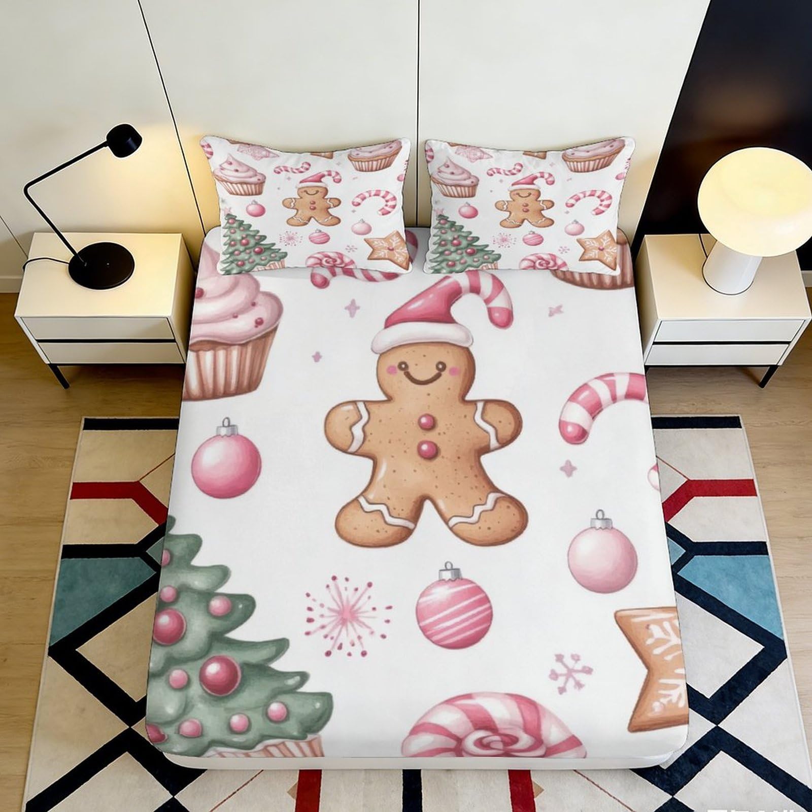Uynsixtme Style-4 3D Printed Christmas Gingerbread Fitted Sheet Microfiber Deep Pocket Bedroom Bedding Santa Tree Mattress Fitted Cover Washable 200X200x25cm