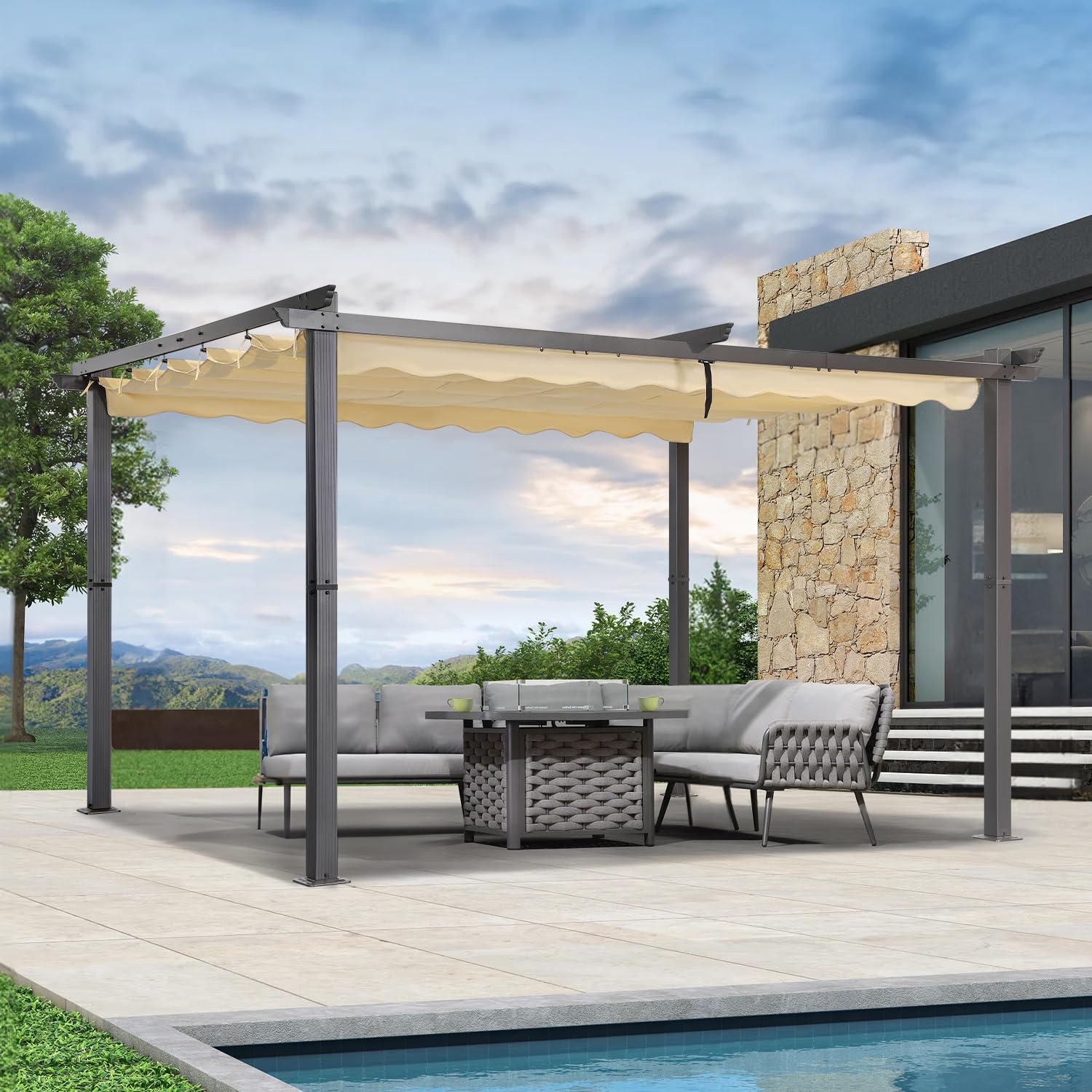 Angel Living Pergola en Aluminium, 4x3M, Coulissante Rétractable, Tissu en Polyester Haute Densité Hydrofuge et Résistant aux UV, Abri Soleil Pavillon de Jardin pour Jardin Terrasse, Beige
