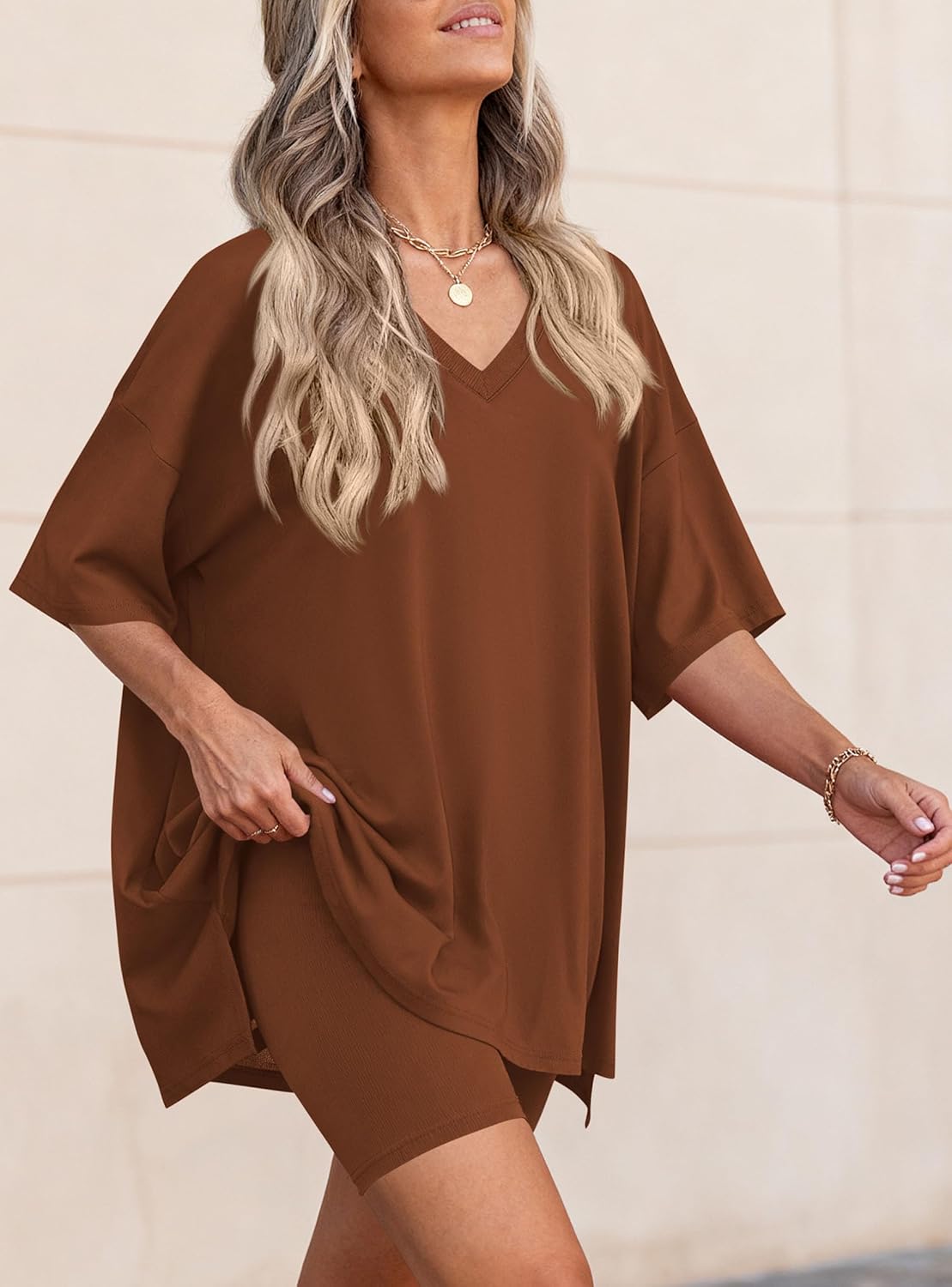 PRETTYGARDEN 2 Piece Sets for Women Summer 2026 Lounge Short Set Spring Matching Biker Shorts V Neck Oversized Shirt Clothing - Image 7