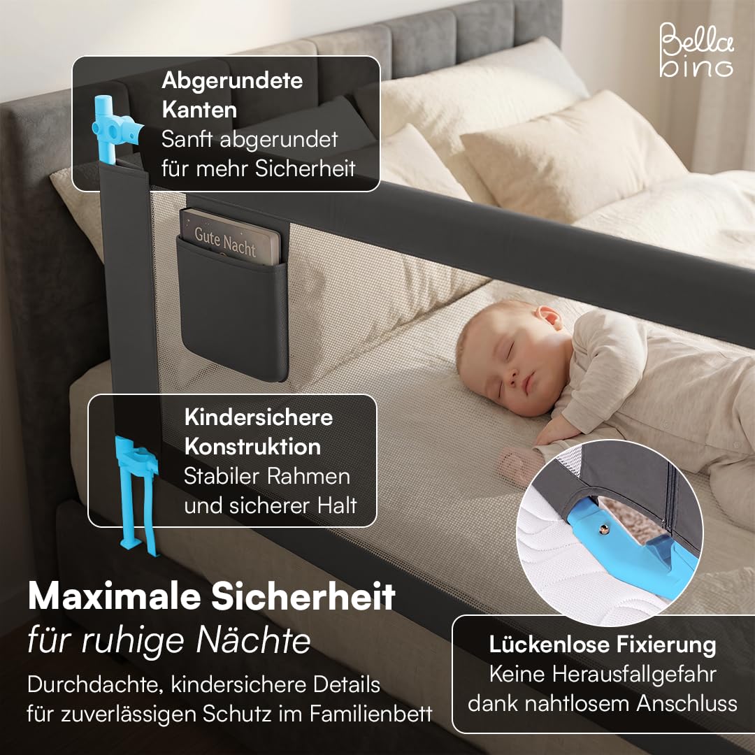 Bellabino Drina Rausfallschutz – Bettschutzgitter 180 cm Dunkelgrau – Bettgitter höhenverstellbar 69-99 cm – Baby Bettumrandung inkl. Seitentasche Schutzgitter mit Sicherheitsgurt Bett/Kinderbett