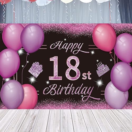Miniatura 3 de Cartel de fondo de 18 cumpleaños rosa y morado con el texto en inglés "Happy 18st Birthday", suministros para fiesta de cumpleaños de 18 años,