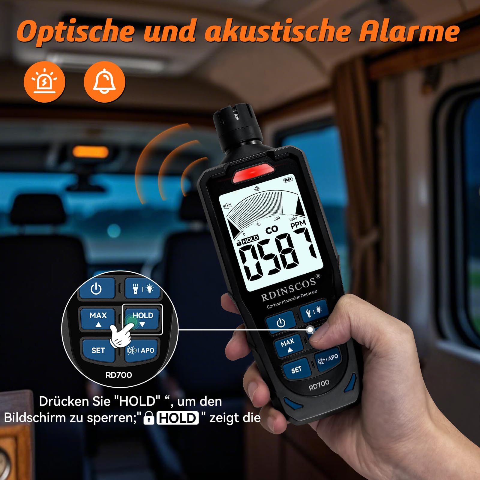 RDINSCOS Detector de Monóxido de Carbono,0-1000PPM Detector CO Portátil con Alarmas Sonoras y Luminosas Apto para Uso doméstico, en Garajes y para Mediciones al Aire Libre