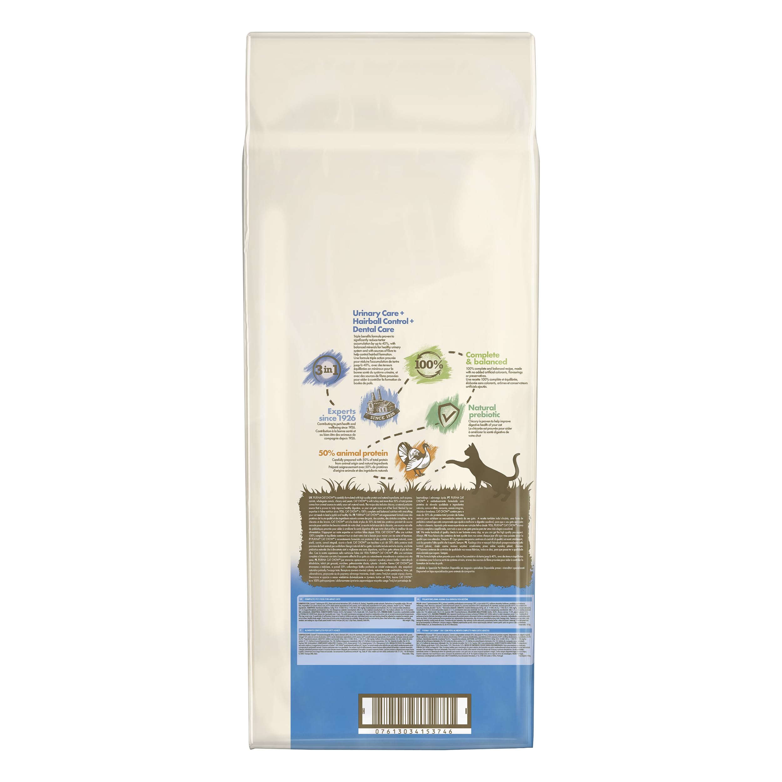 Purina Cat Chow Pienso para Gato Adulto 3en1 Cuidado Urinario, Bolas de Pelo, Dental con Buey, saco de 15kg