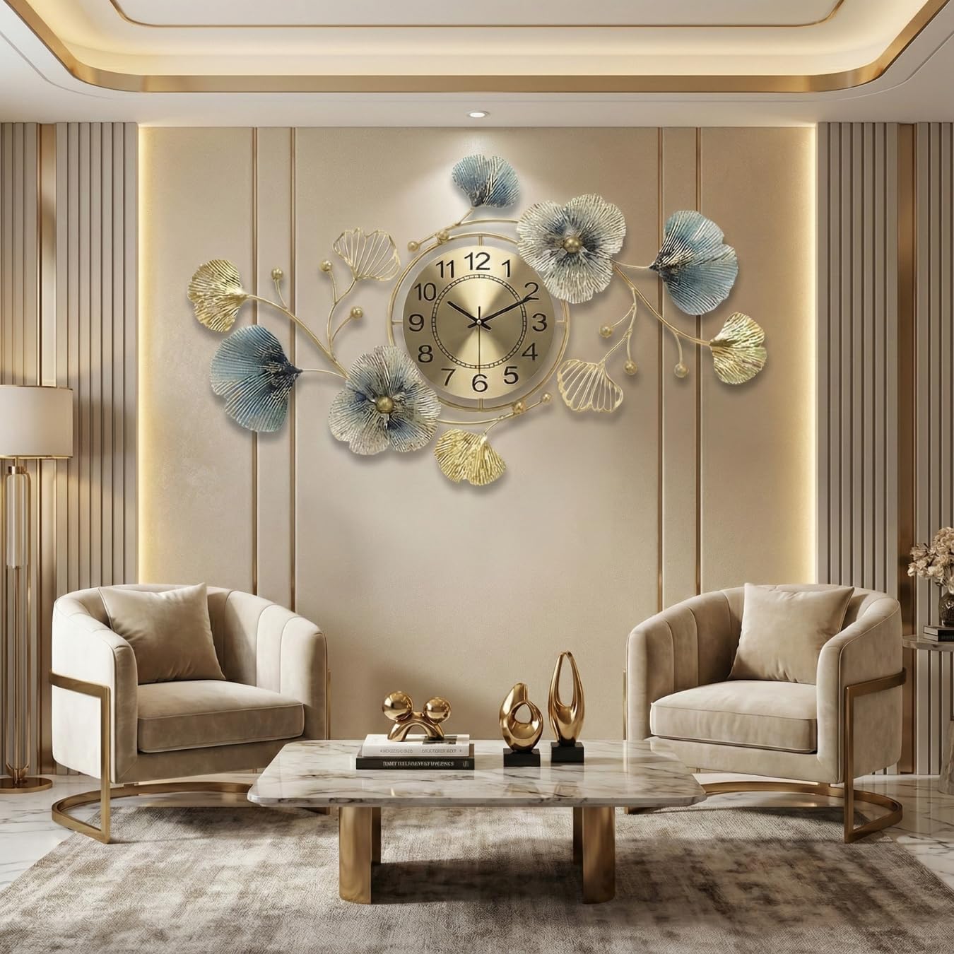 RIOH Decor Premium Wall Clock for Home Décor | Golden Floral Metal Artwork with Blue Accents | Silent Non-Ticking Design-image-39