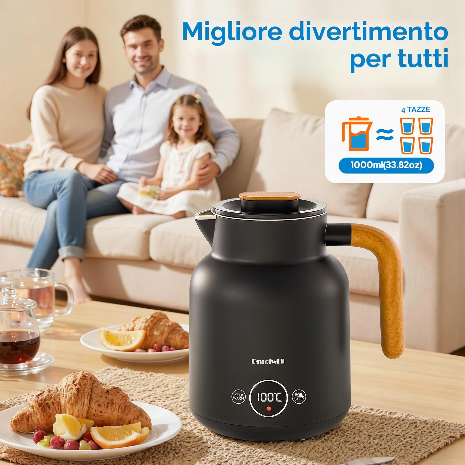 DmofwHi Bollitore Elettrico 1 Litro Acciaio Inox, 1000 W, Display Digitale, 5 Livelli di Temperatura, Funzione di Mantenimento del Calore 4H, Doppia Parete, Ideale per Caffè e Tè in Ufficio – Nero