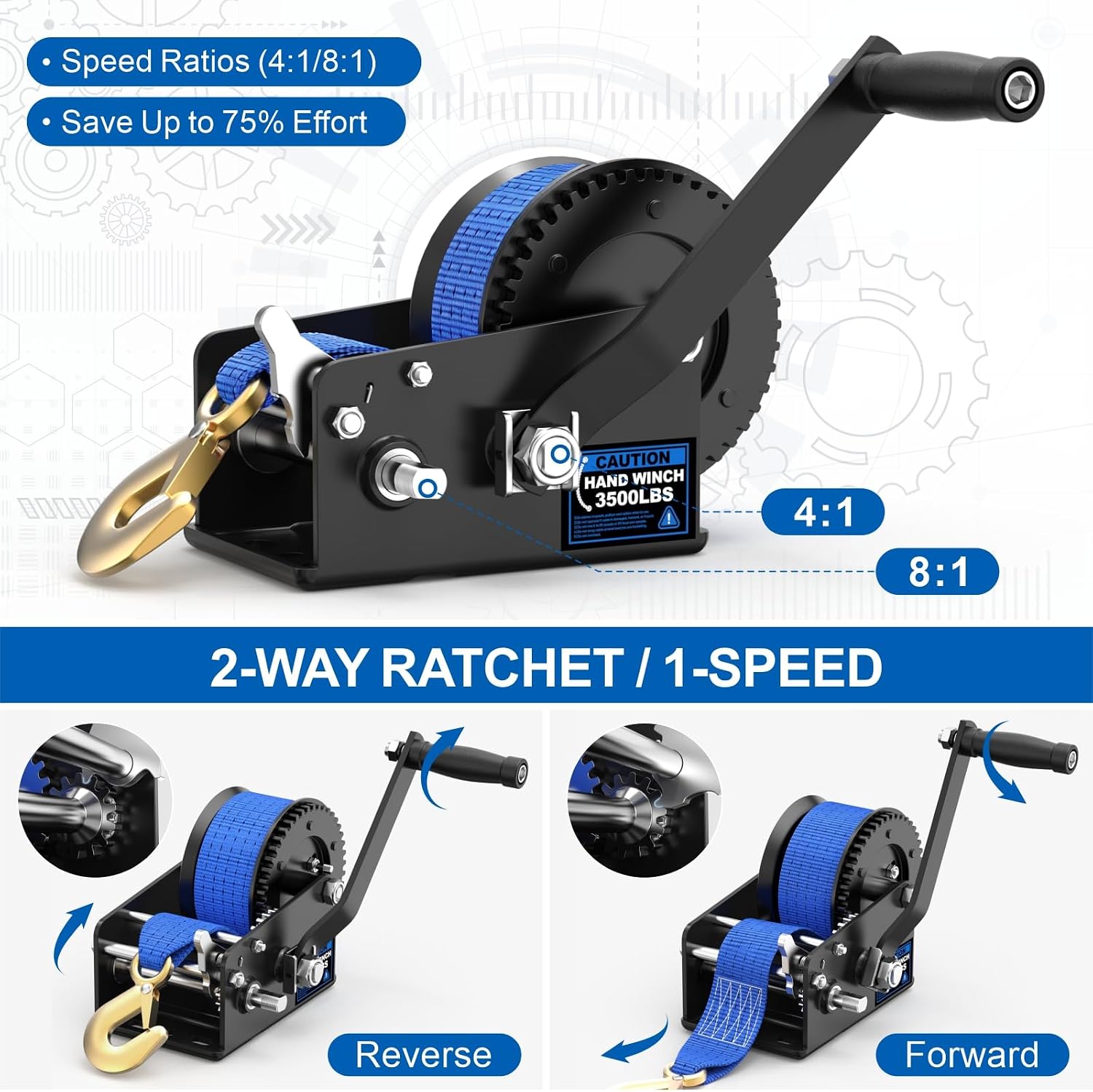 3500LBS Boat Trailer Winch Hand Crank, 33FT Polyester Strap, Dual-Speed 4:1/8:1 Gear & 2-Way Ratchet, Corrosion-Resistant for Marine ATV Jet Ski RV Utility