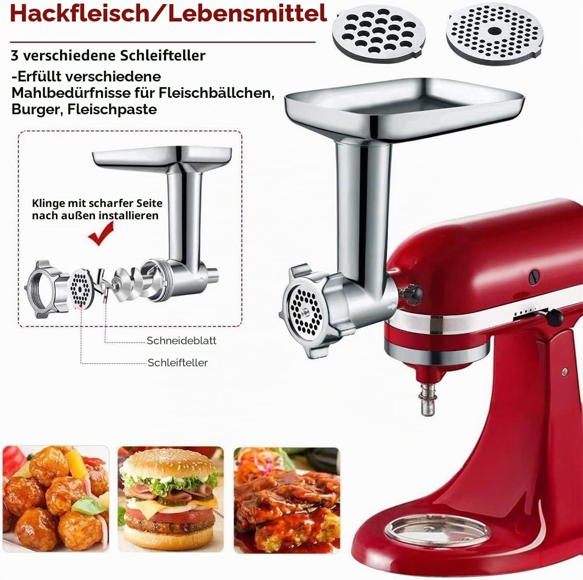 GVODE Fleischwolf-Aufsatz für KitchenAid Standmixer, inklusive 3 Wurstfüllhörner, 2 Schleifklingen, 4 Mahlscheiben und einer Reinigungsbürste – Fleischwolf-Zubehör für KitchenAid