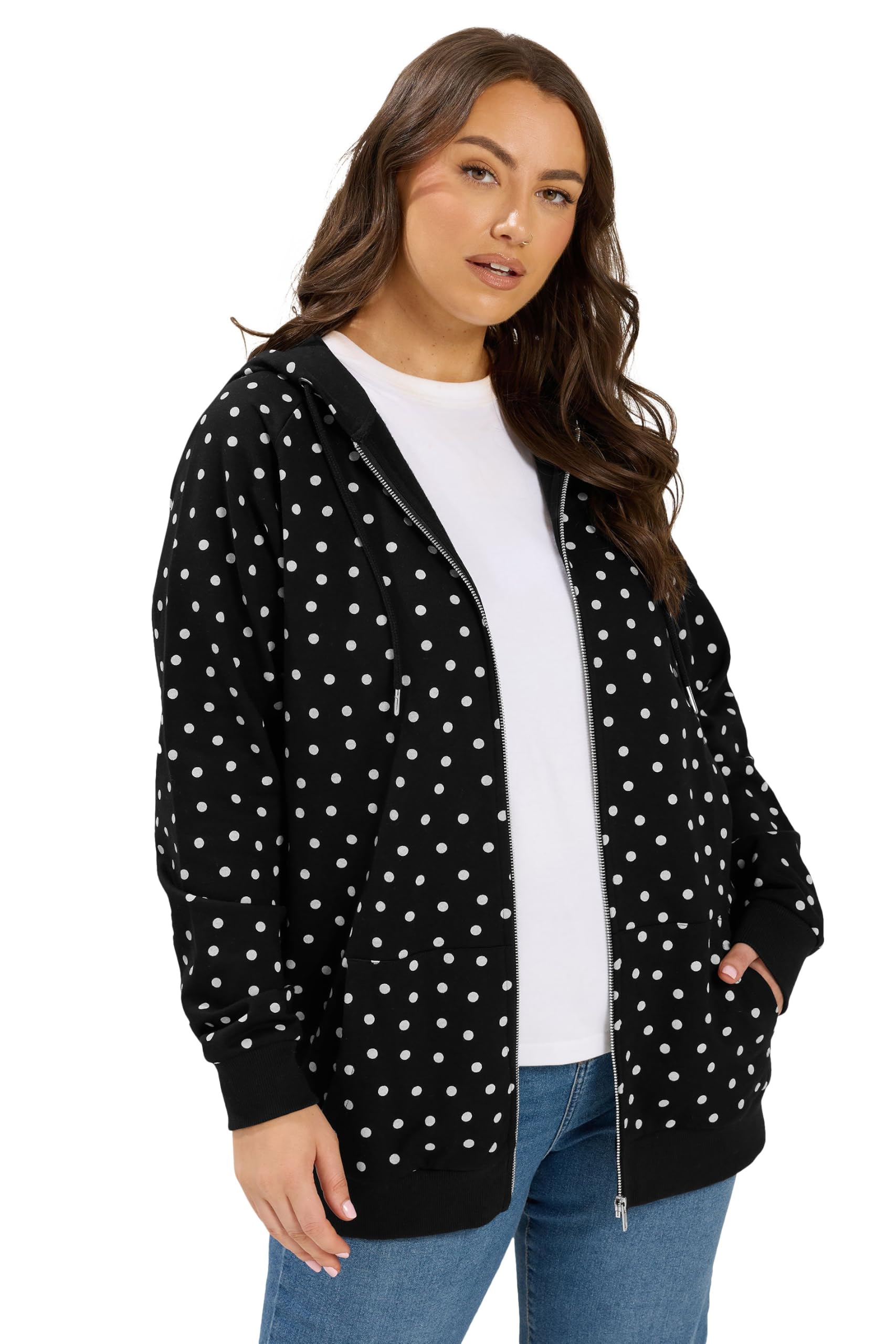 Yours Women's Polka Dot Zip Through Hoodie in Black | Size: 16