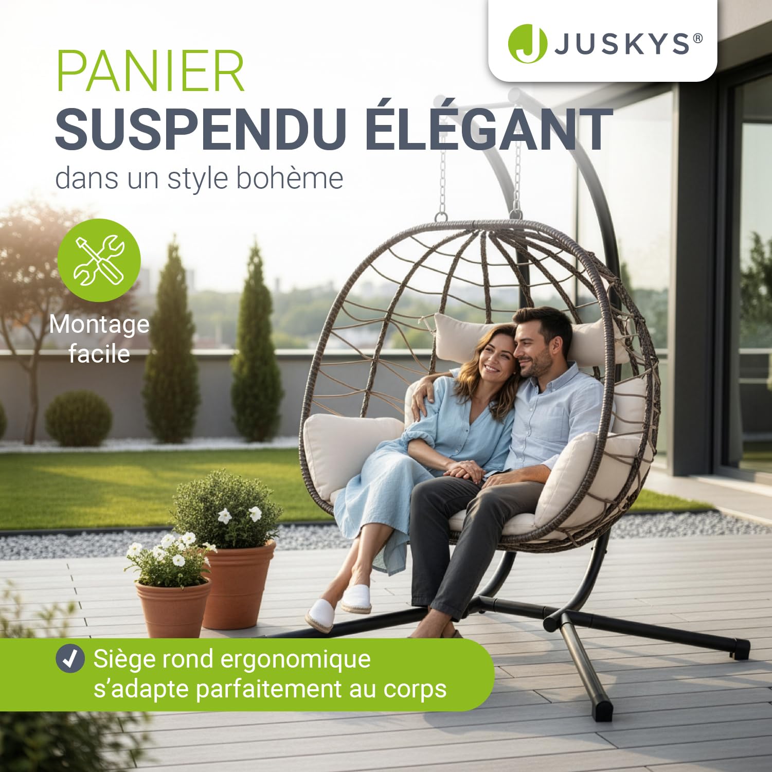 Fauteuil Suspendu Double Aria de Juskys - Fauteuil Suspendu en polyrotin avec Support & Coussins - balancelle pour Deux Personnes - Fauteuil d'extérieur/d'intérieur - Panier XXL Beige