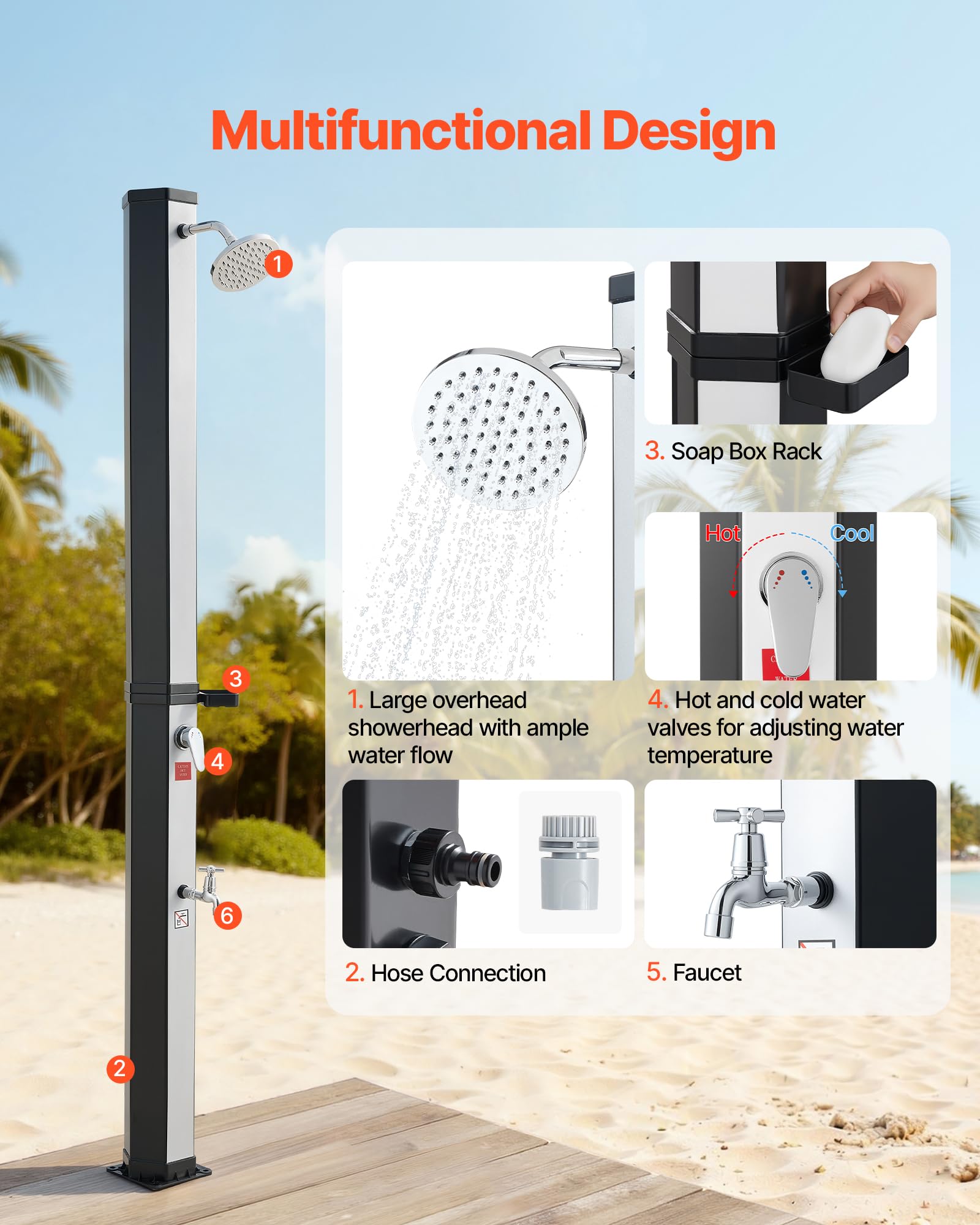 VEVOR Douche Solaire 35 L Douche Extérieur Solaire Autoportante pour Jardin Piscine Plage, Hauteur Pommeau 1,95 m, avec Robinet Lavage des Pieds, Porte-Savon, Réglage Eau Chaude Froide, Noir Argenté