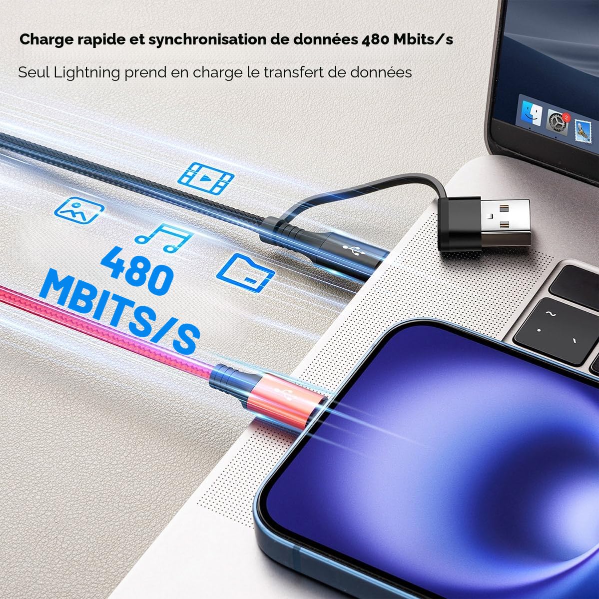 Minlu Câble de Charge 4 en 2, Cable Multi Embout avec Transfert de Données [3,5A 1,2M] Câble Multi USB Universel en Nylon, Câble de Charge Rapide USB avec Micro/Type C/Lightning pour iPhone,Android