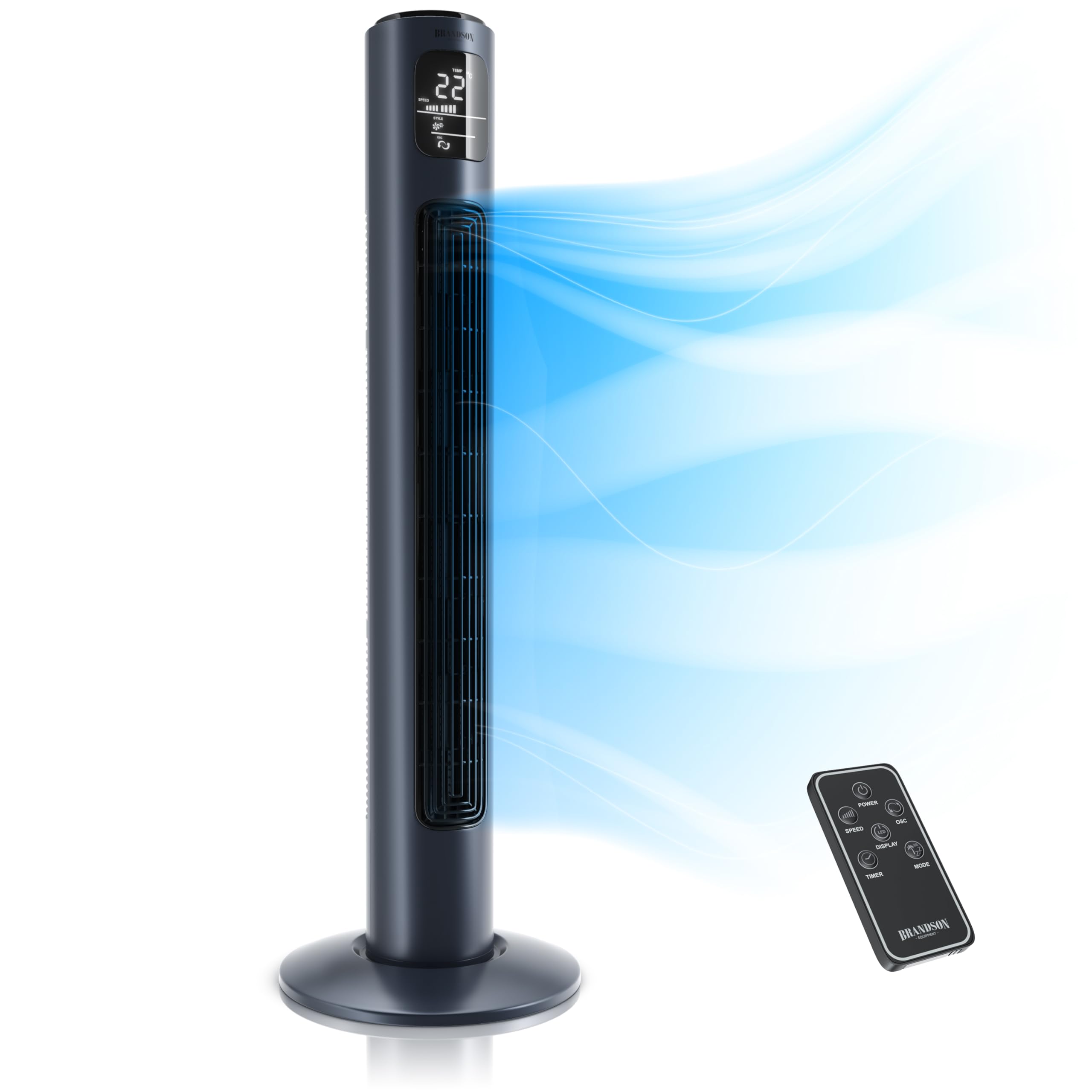 Brandson - Turmventilator mit Fernbedienung - Preisträger 2026 - Oszillation 60° - Standventilator - mobiler Lüfter - Säulenventilator - 96 cm - Ventilator 3 Geschwindigkeitsstufen - GS - dunkelblau