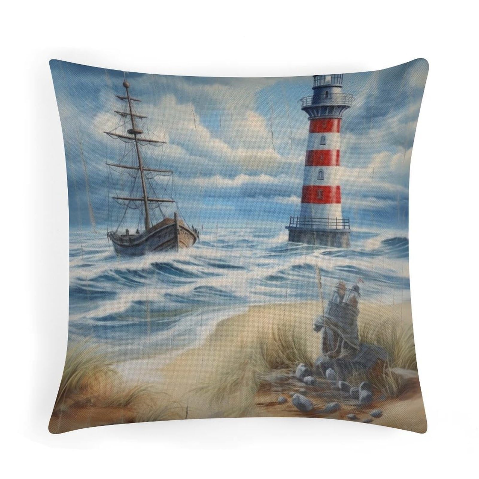 BenYaSong Nautical Beach Throw Pillow Covers Lighthouse Ocean Coastal Anchor Compass Sailboat Beach for Couch Sofa Bedroom Living Room Farmhouse Home Decor 18"x18"
