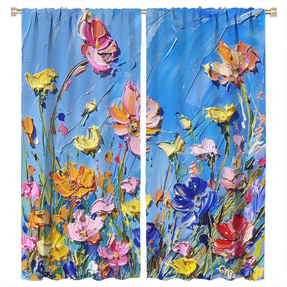 FYFMUSHE Watercolor Flowers Blackout Curtains Abstract Natural Wildflower Plants Rod Pocket Window Drapes Room Darkening Curtains for Bedroom 107cm W x 115cm L