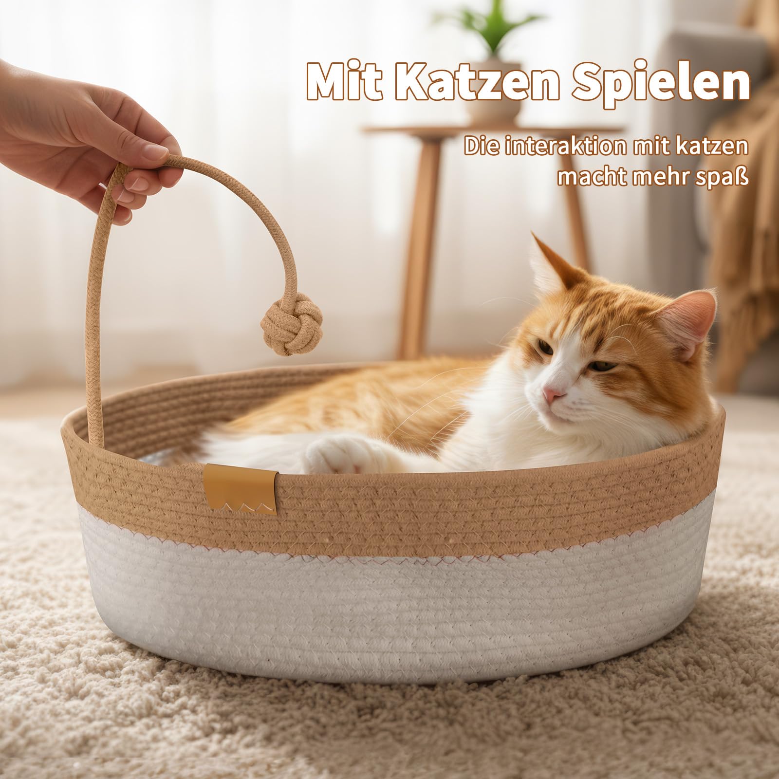 Mittimiya Baumwollseilen Gewebtes Katzenbett mit Kissen, 55 X 40 X 17 cm Krallen-SchleifbestäNdiges Waschbar Katzenkorb, Katzenkorb zum Schlafen für Alle Jahreszeiten Geeignet