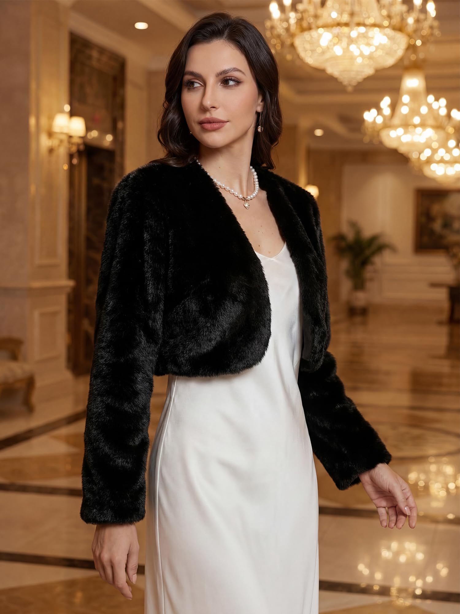 Allegra K Veste Courte Femme en Fausse Fourrure Boléro en Peluche à Devant Ouvert Sans Col à Manches Longues Manteau Court Hiver