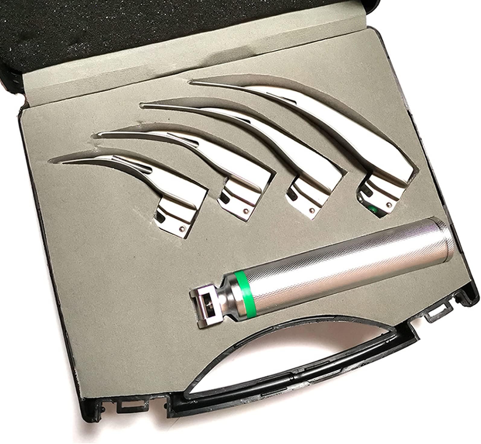 Airway Intubation Kit W Case - Fiber Optic Set Of 4 Blades Straight & 1 Handles Green Cool Light Source, First Responder Kit